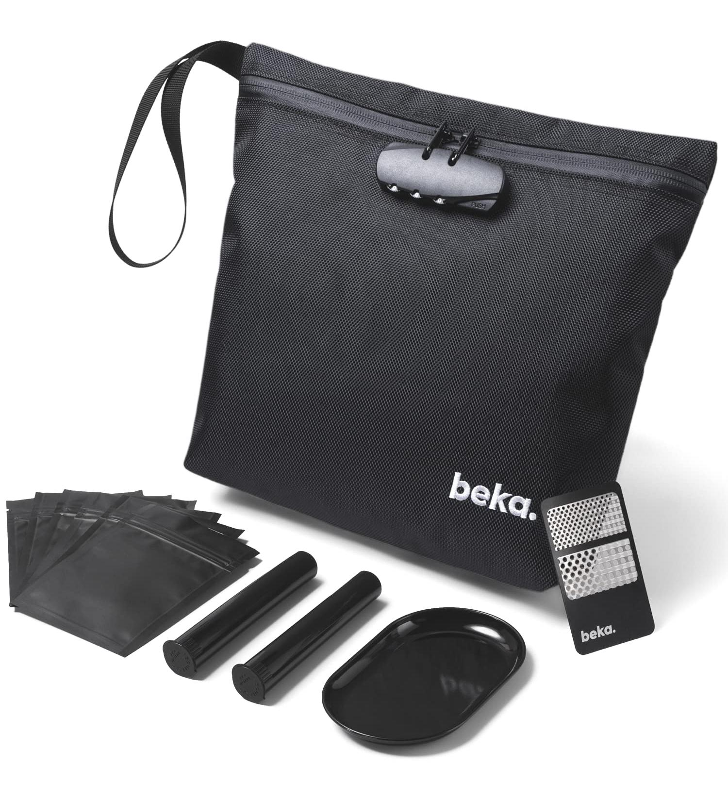 Smell Proof Bag with Combination Lock | Water Repellent Stash Bag with Grinder Card, Rolling Tray, Tubes, & Bags | Ideal for Herbs & Accessories - Black - Buy Online on GoSupps.com