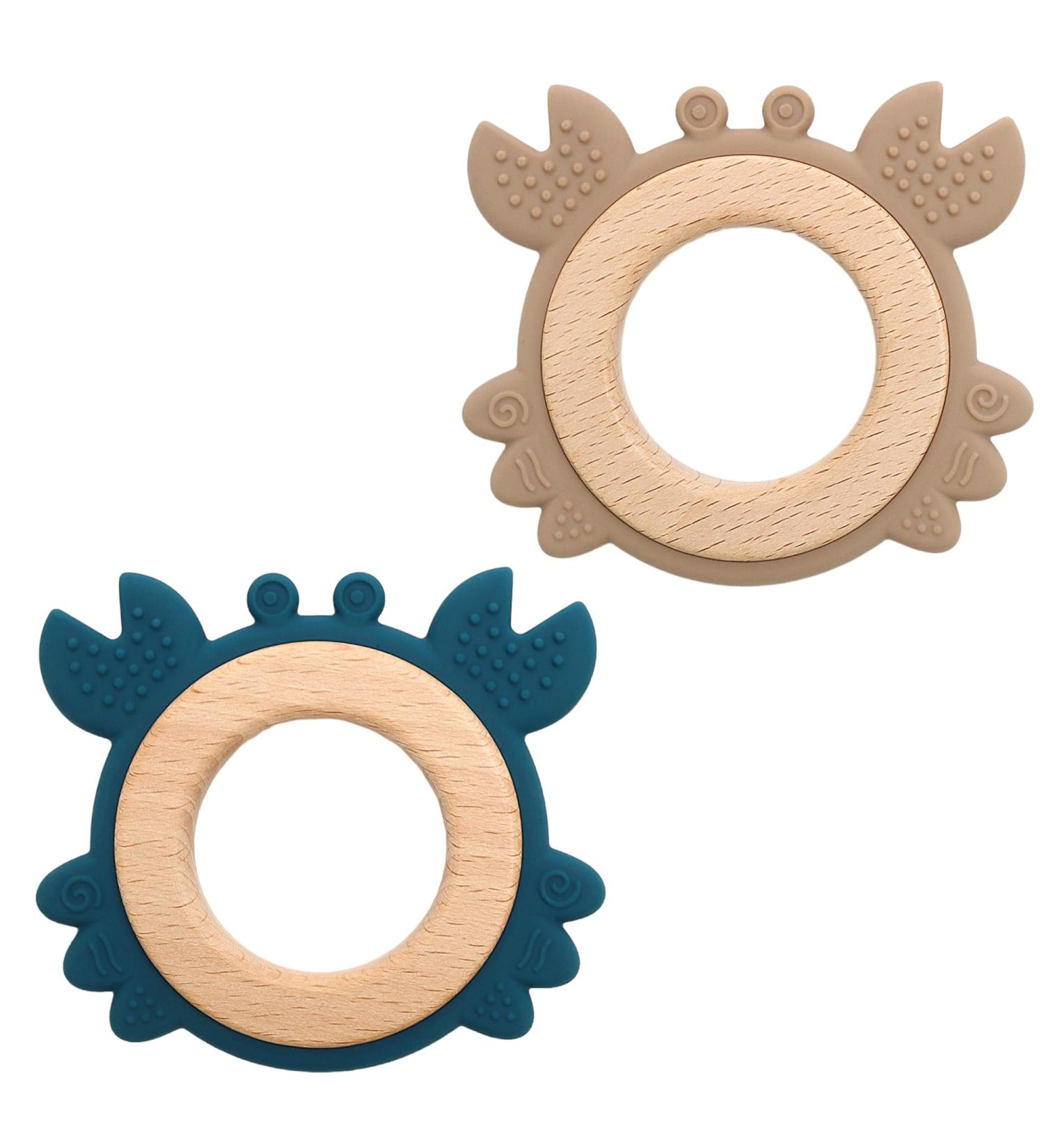 Gigi Kids Baby Crab Bite Rings - 100% BPA-Free Silicone & Beech Wood Teething Toys for 3 Months+ Beige & Dark Blue - Buy Online on GoSupps.com