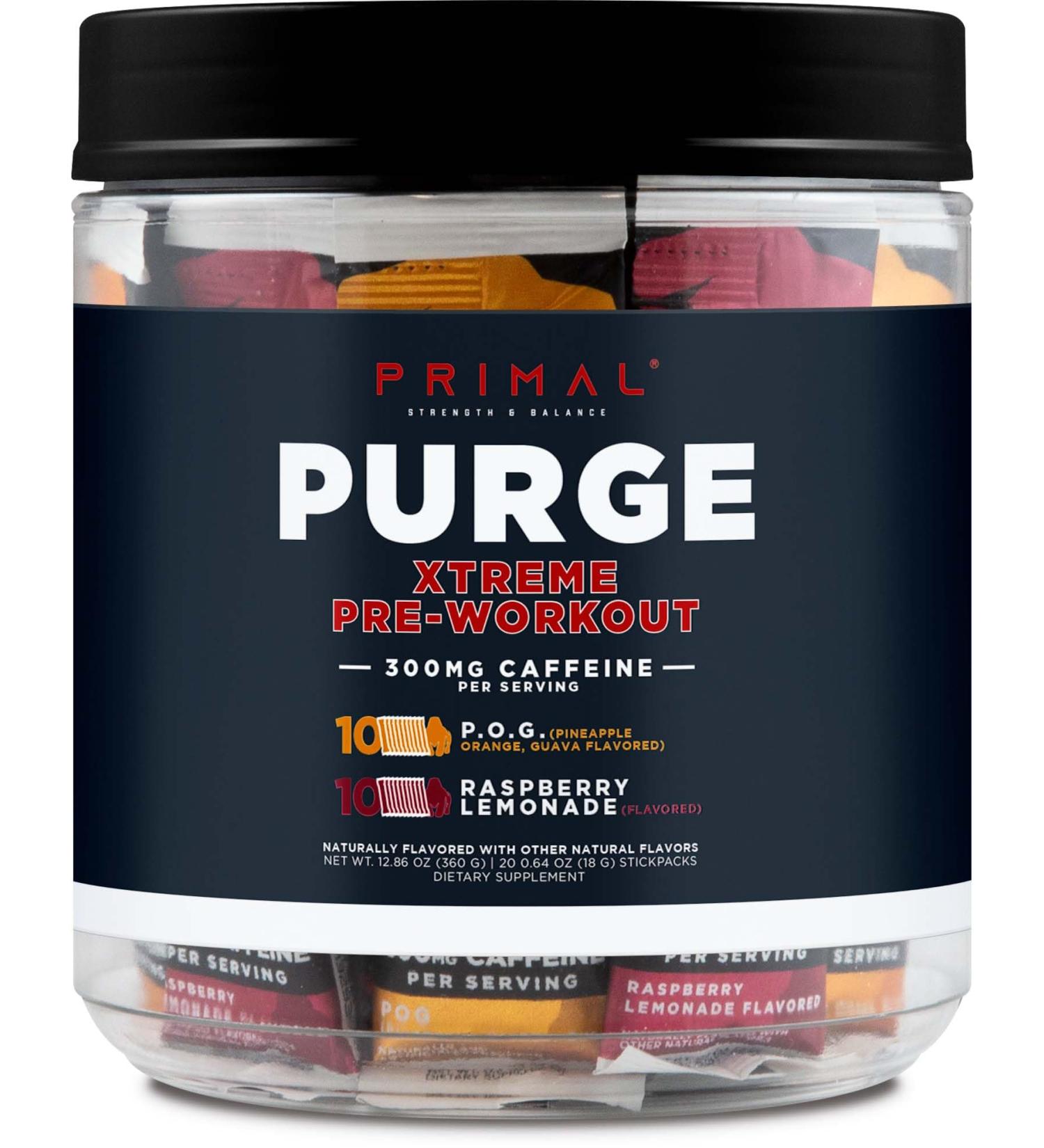 Primal Purge Xtreme Pre-Workout Variety Pack Pineapple Orange Guava (POG) + Raspberry Lemonade Flavored (20 Stickpacks) - 300mg Caffeine Per Serving - Buy Online on GoSupps.com
