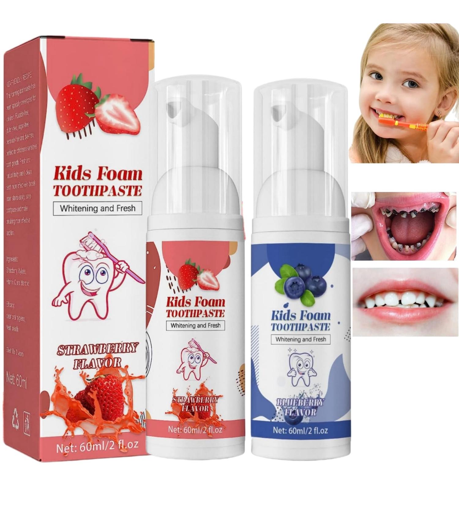 2PCS Kids Strawberry & Blueberry Foam Toothpaste for U-Shaped Toothbrush - Natural Mousse Toddler Toothpaste - Buy Online on GoSupps.com