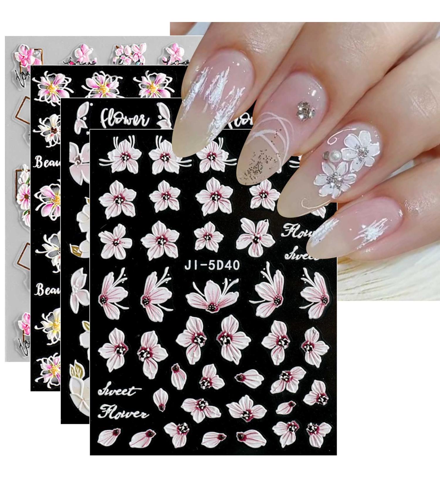 JMEOWIO 3D Embossed Spring Flower Nail Art Stickers Decals Self-Adhesive 5D Colorful Summer Floral Nail Supplies Nail Art Design Decoration Accessories 4 Sheets - Buy Online on GoSupps.com