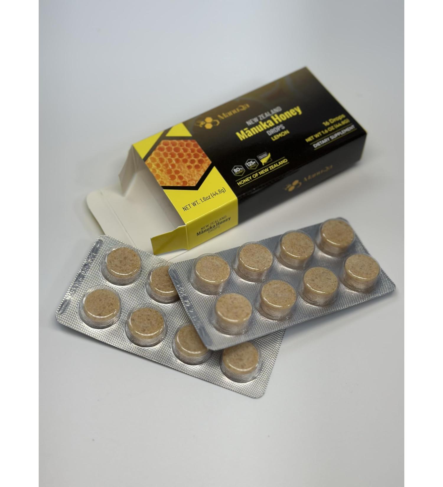 Manuka Honey Drops - High Premium Blend Medical Grade Pure New Zealand Lozenges Natural Health for Adults for Sore Throat & Cough Drop Certified MGO 125 Lozenge Lemon Packet