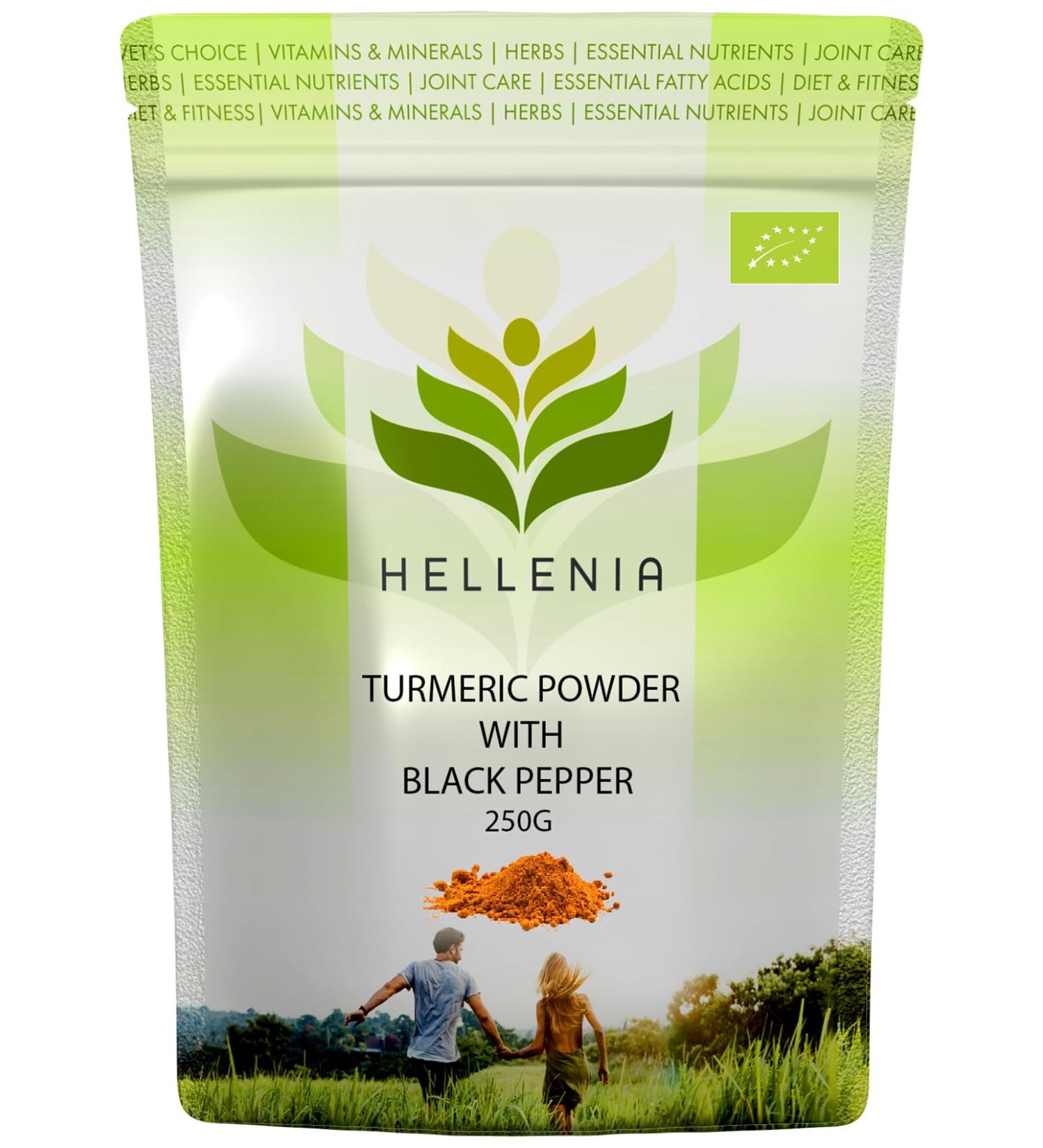 Organic Hellenia Turmeric Powder with Black Pepper - 250g - Natural Curcumin Source - Buy Online on GoSupps.com