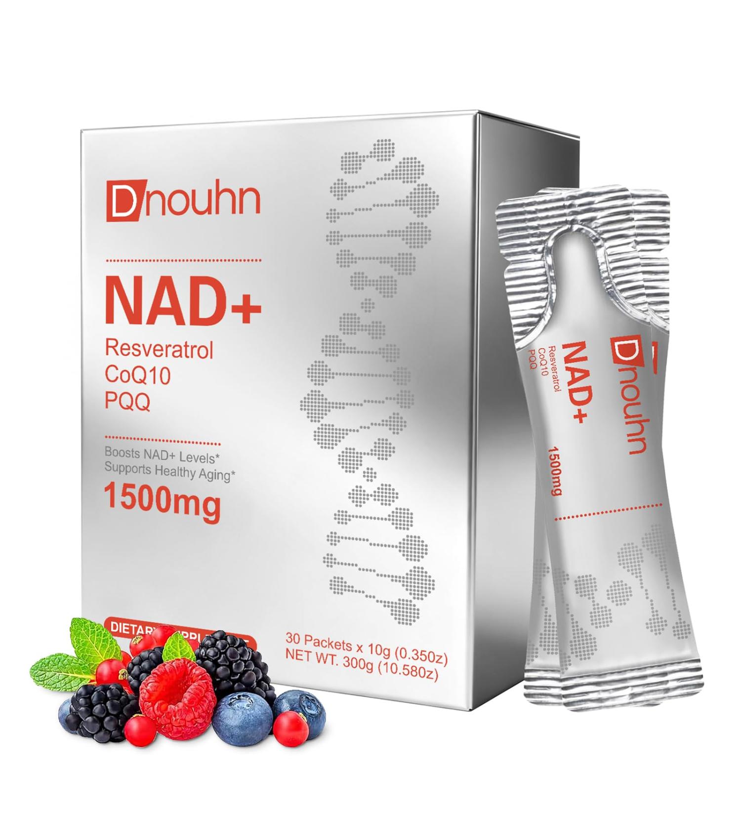 DNOUHN NAD Liquid Supplement 1500mg Nicotinamide Riboside & Resveratrol with PQQ NAD Supplement for Women & Men Boosts Cellular Energy Anti-Aging Immune Focus 30 Packets - Buy Online on GoSupps.com