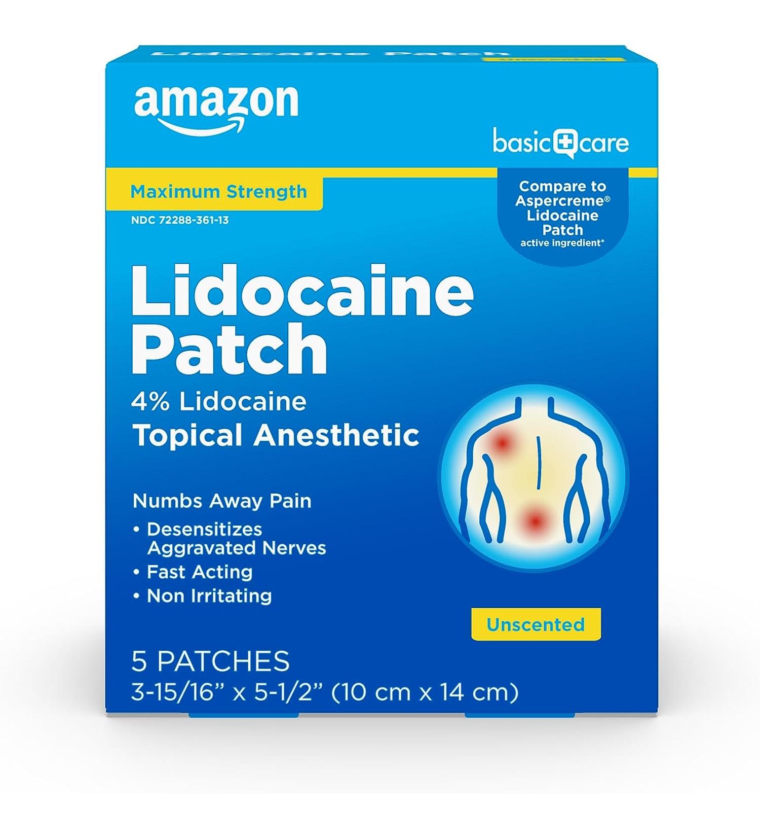 Amazon Basic Care Lidocaine Patch 4% Topical Anesthetic - 5 Count, 10 cm x 14 cm - Desensitizes Aggravated Nerves - Pack of 1 - Buy Online on GoSupps.com