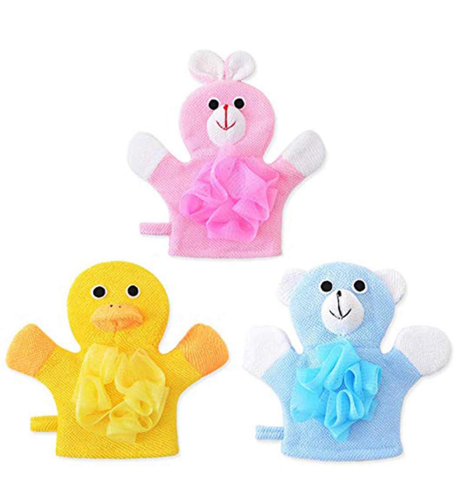 Kids Bath Loofah Sponge Set - Non-toxic, Skin-friendly Terry Cloth Bath Mitts (Cartoon Rabbit/Duck/Bear) - Pack of 3 - Buy Online on GoSupps.com
