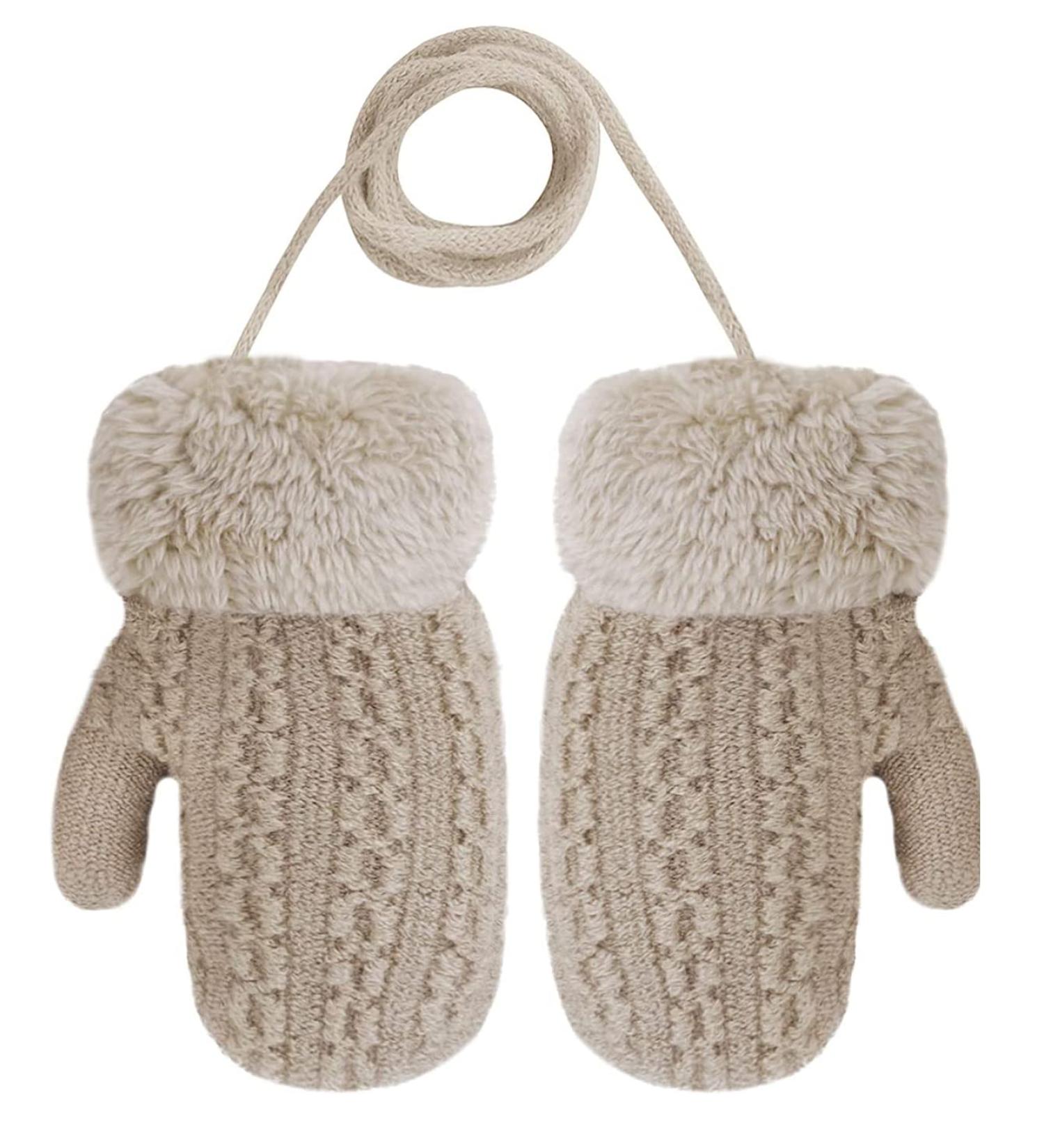 Baby Toddler Furry Winter Gloves Cold Weather Warm Knit Magic Mittens On String Kids Insulated Snow Warm Gloves with Fleece Lining for Baby Girls Boys 0-3 Years Gift B-Khaki - Buy Online on GoSupps.com
