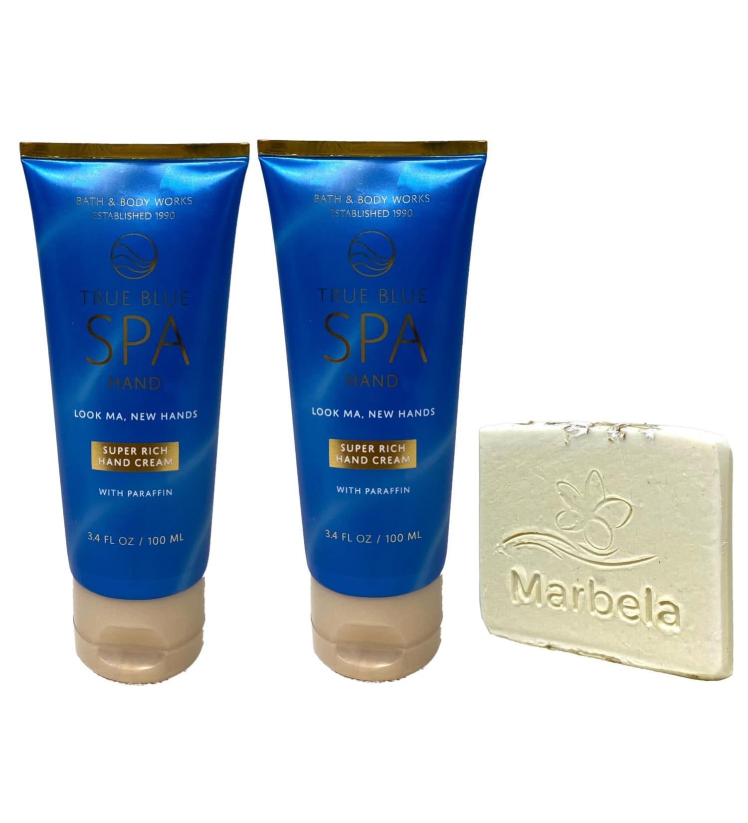 Bath & Body Works True Blue Spa Travel Size Super Rich Hand Cream 2 Pack with a Natural Oats Sample Soap.