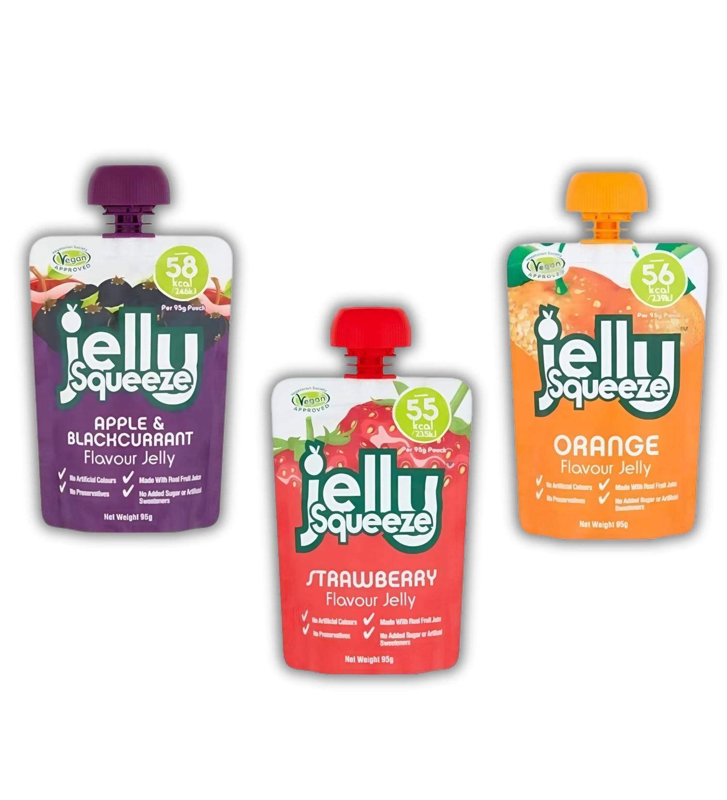 JellySqueeze Jelly Pick N Mix - Choose From 2+ Flavours | Apple & Blackcurrant Strawberry Orange | Foods Gift Set for Jelly Lovers Pack of 2(Each Box Contain 16 Pouch) x 95g - Buy Online on GoSupps.com