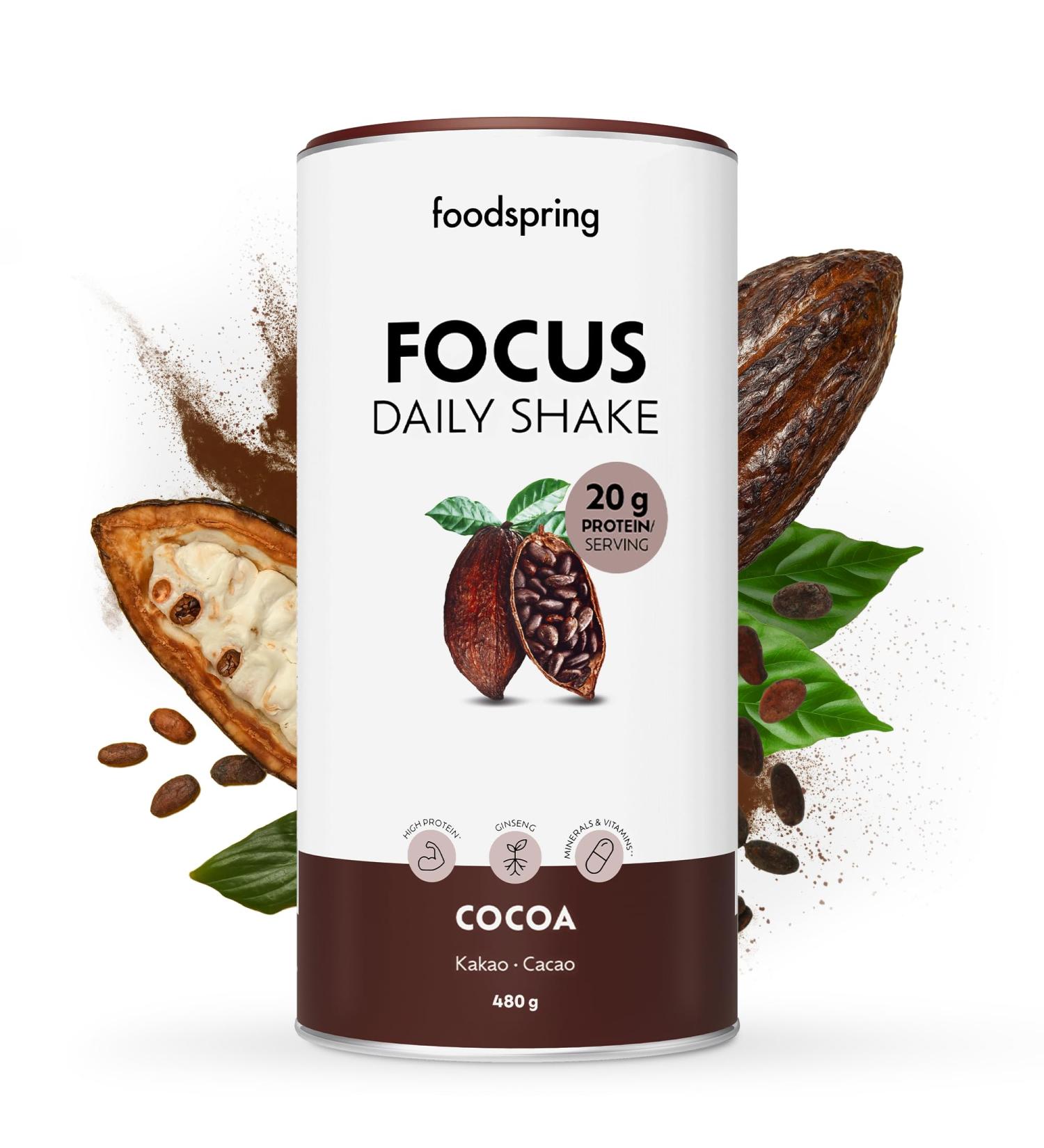 foodspring - Daily Shake Focus protein powder - 20g protein per shake - Milk protein with vitamins and minerals - With real cocoa and ginseng (480g) - Buy Online on GoSupps.com