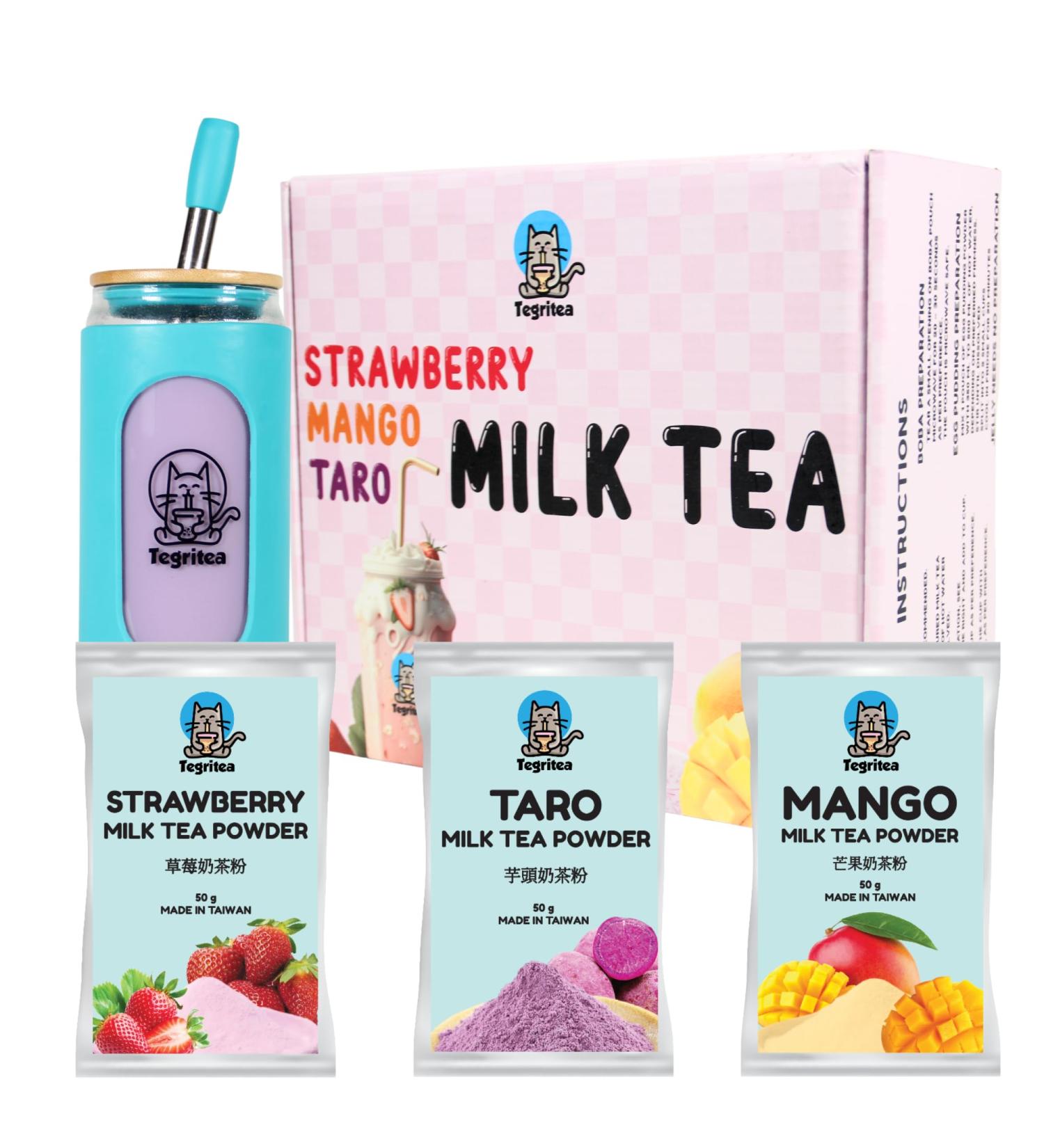 Best Bubble Tea Home Kit DIY | Real Tea | Ready In 10 Minutes | 30 Seconds Boba| Tegritea (6 Servings w/Deluxe Cup Strawberry | Mango | Taro (Boba & Jelly Toppings)) Strawberry | Mango | Taro (Boba & Jelly Toppings w/ Tumbler) 6 Count (Pack of 1) - Buy Online on GoSupps.com