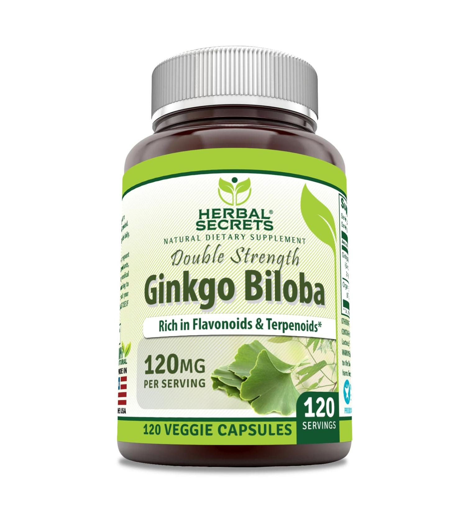 Herbal Secrets Ginkgo Biloba Double Strength Supplement | 120 Mg | 120 Veggie Capsules | Non-GMO | Gluten-Free | Made in USA