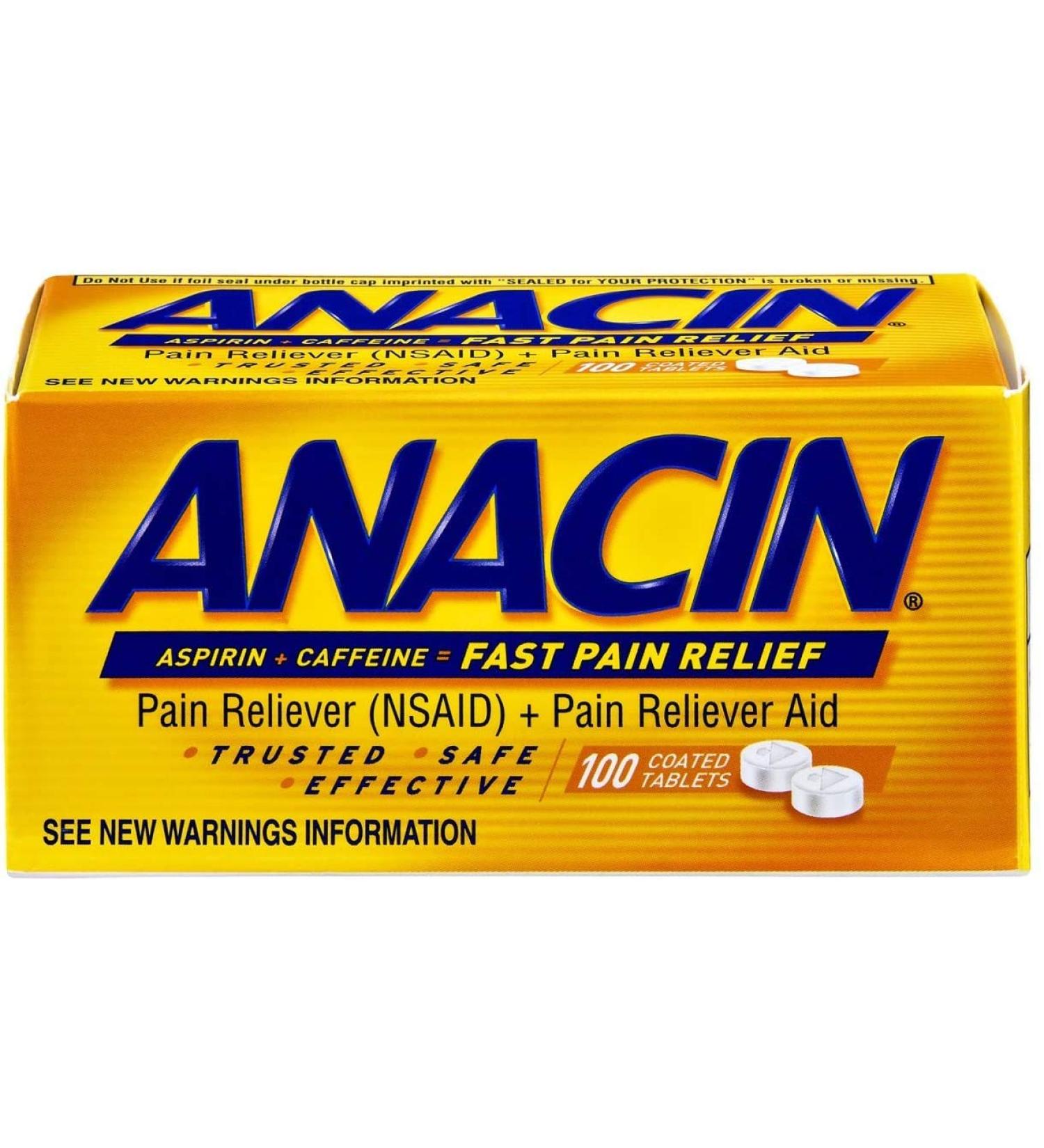 Anacin Aspirin Caffeine Pain Reliever 100 Tablets - Fast Acting NSAID Aid - Buy Online on GoSupps.com