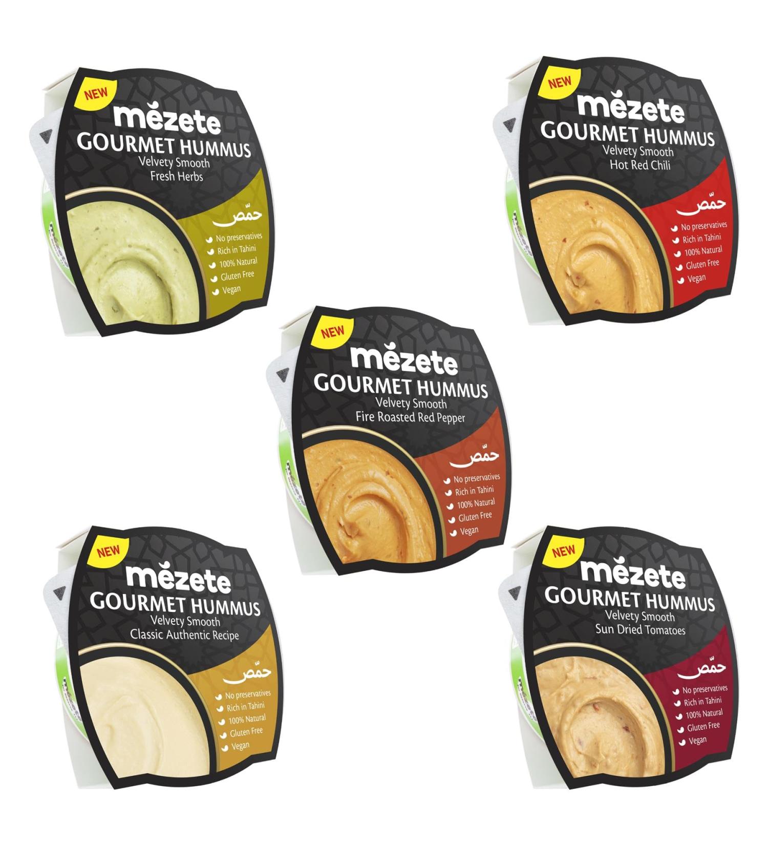 Mezete Hummus Pick N Mix - Create Custom Dips Combo with 5 Flovours - Fresh Herbs Hot Red Chili Fire Roasted Red Pepper Classic Authentic Recipe Sun Dried Tomato - Pack of 2 - Buy Online on GoSupps.com