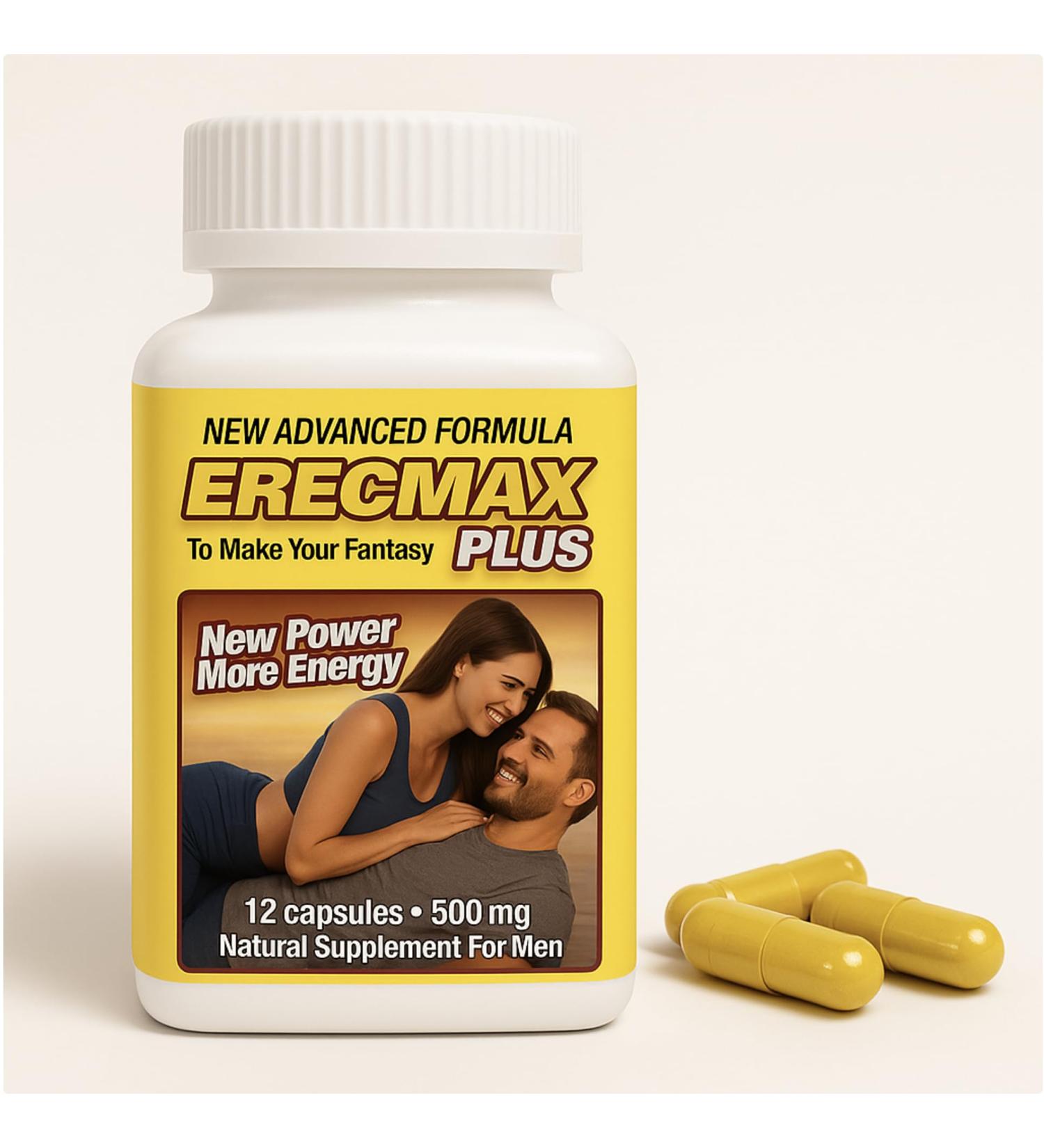 ErecMax Plus Men s Dietary Supplement | 12 Capsules 390 mg | One Bottle Presentation | All-Natural Formula | Male Use Dietary Product | Natural Capsule Format for Daily Use