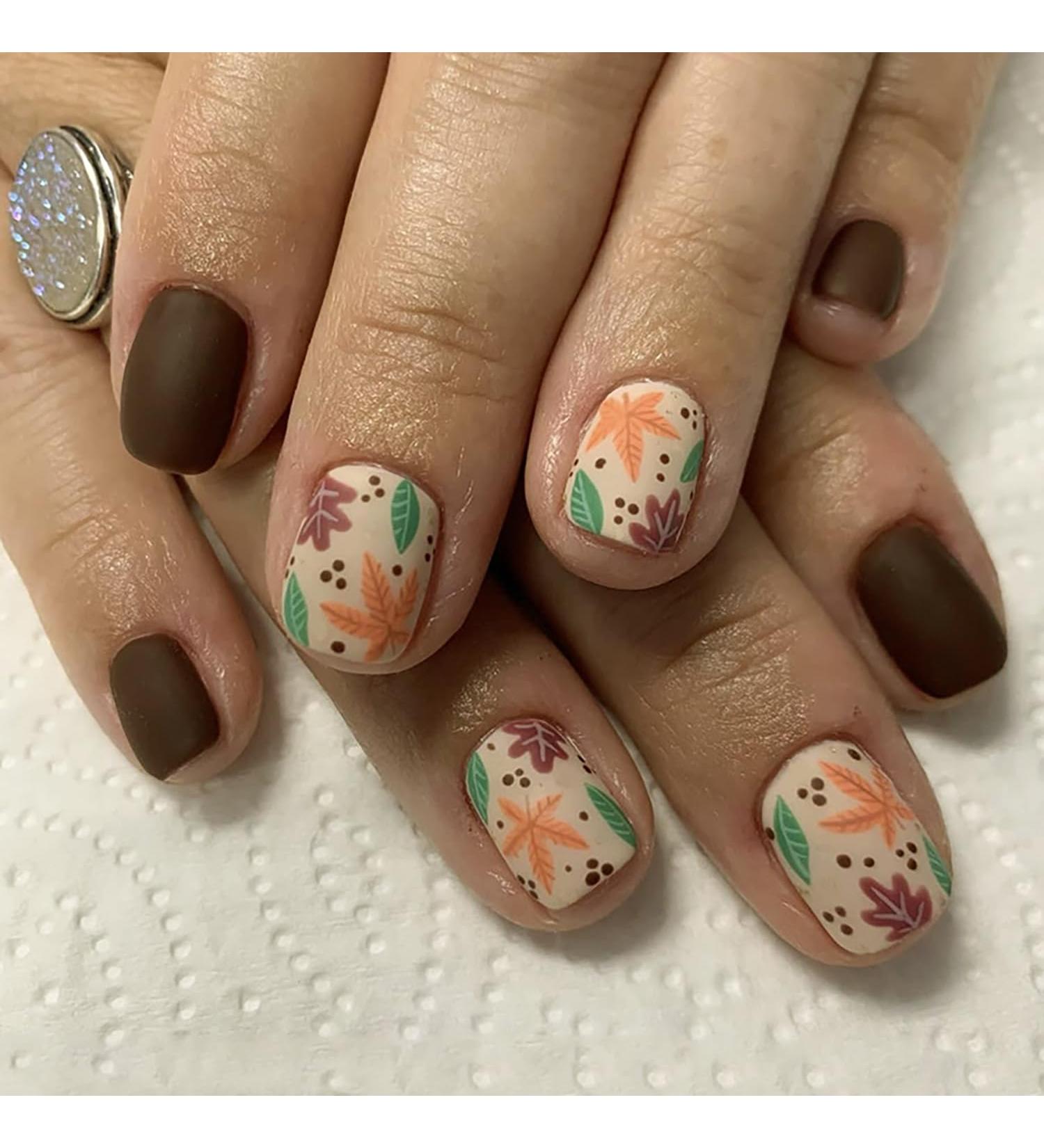 Thanksgiving Short Press on Nails - Brown Matte Acrylic False Nails with Maple Leaf Designs | 24 Pcs Extra Short Stick-on Nails for Women & Girls - Buy Online on GoSupps.com