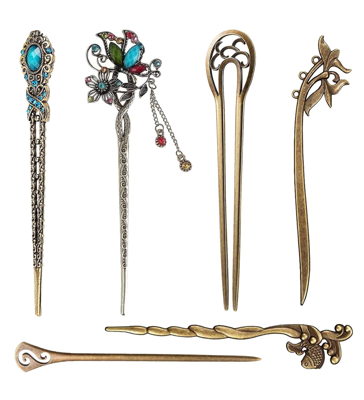 6 Antique Bronze Hairpins - Retro Chinese Hair Sticks for Elegant Hairstyles | Vintage Women's Hair Accessories - Buy Online on GoSupps.com