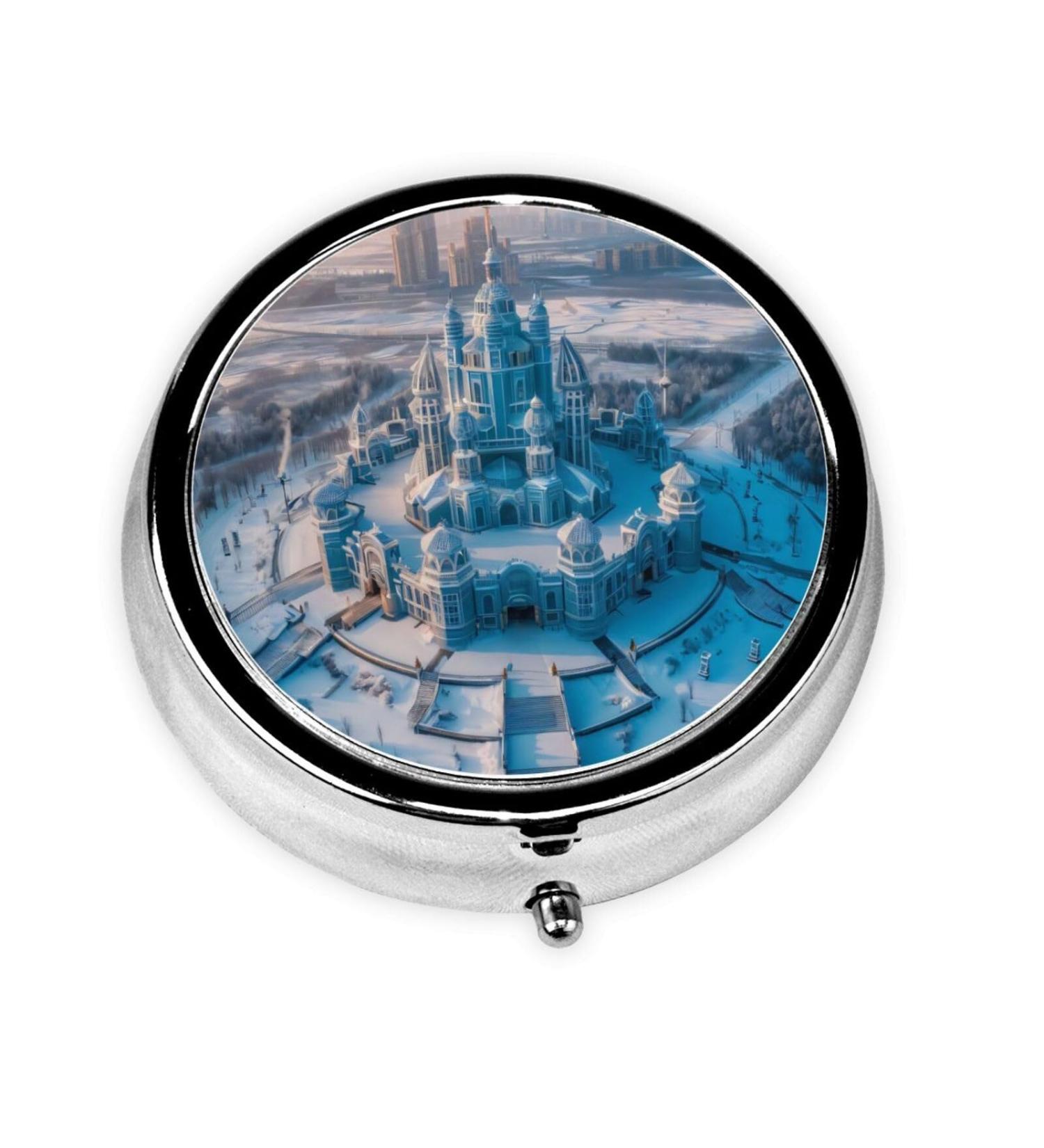 Castles Under The Ice Portable Metal Pill Box - Round Mini 3-Compartment with Hinged Design for Travel | Ideal for Small Pills - Buy Online on GoSupps.com