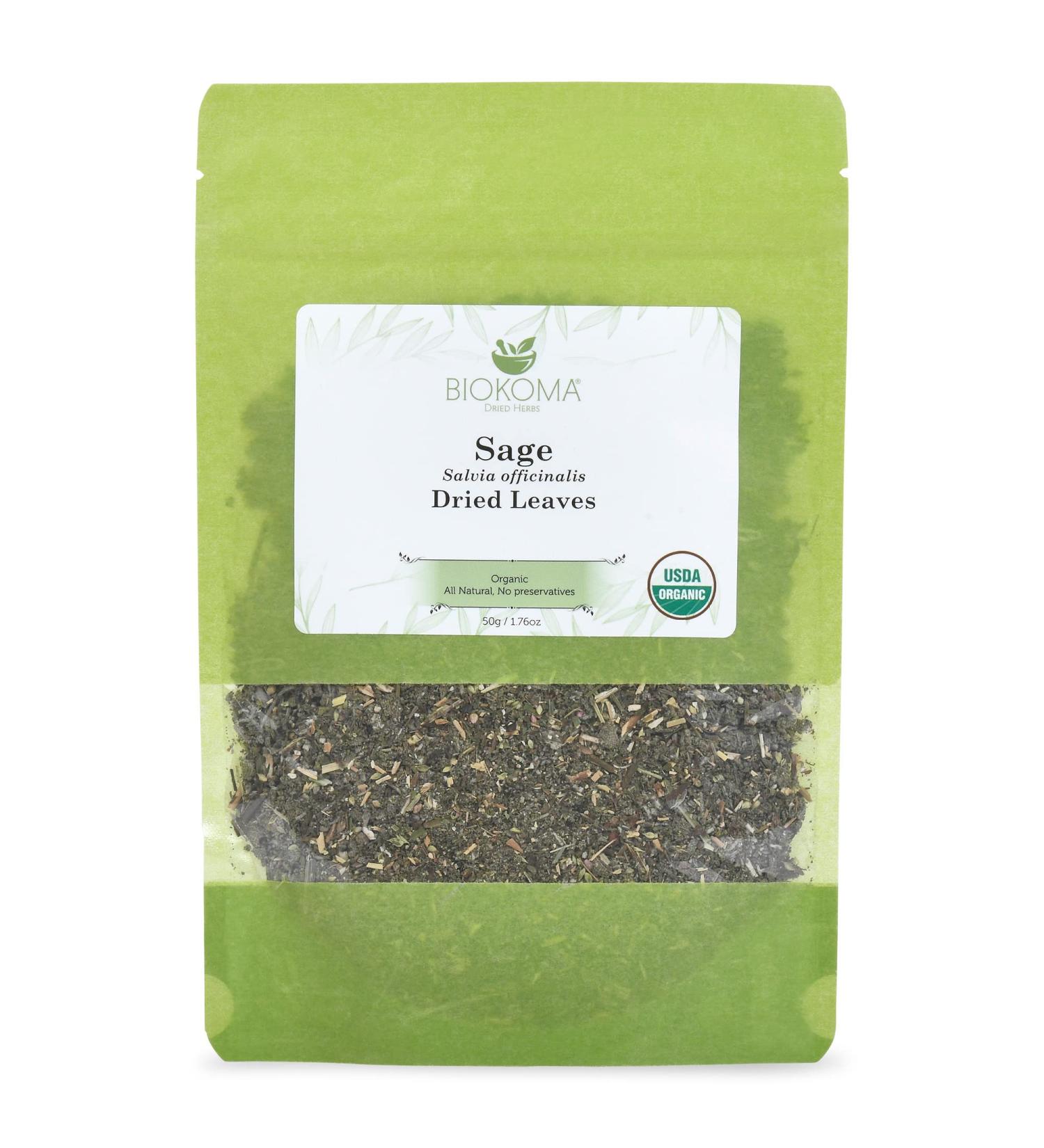 Biokoma Sage Dried Leaves 50g (1.76oz) - Pure & Organic | Resealable Moisture Proof Pouch - Buy Online on GoSupps.com