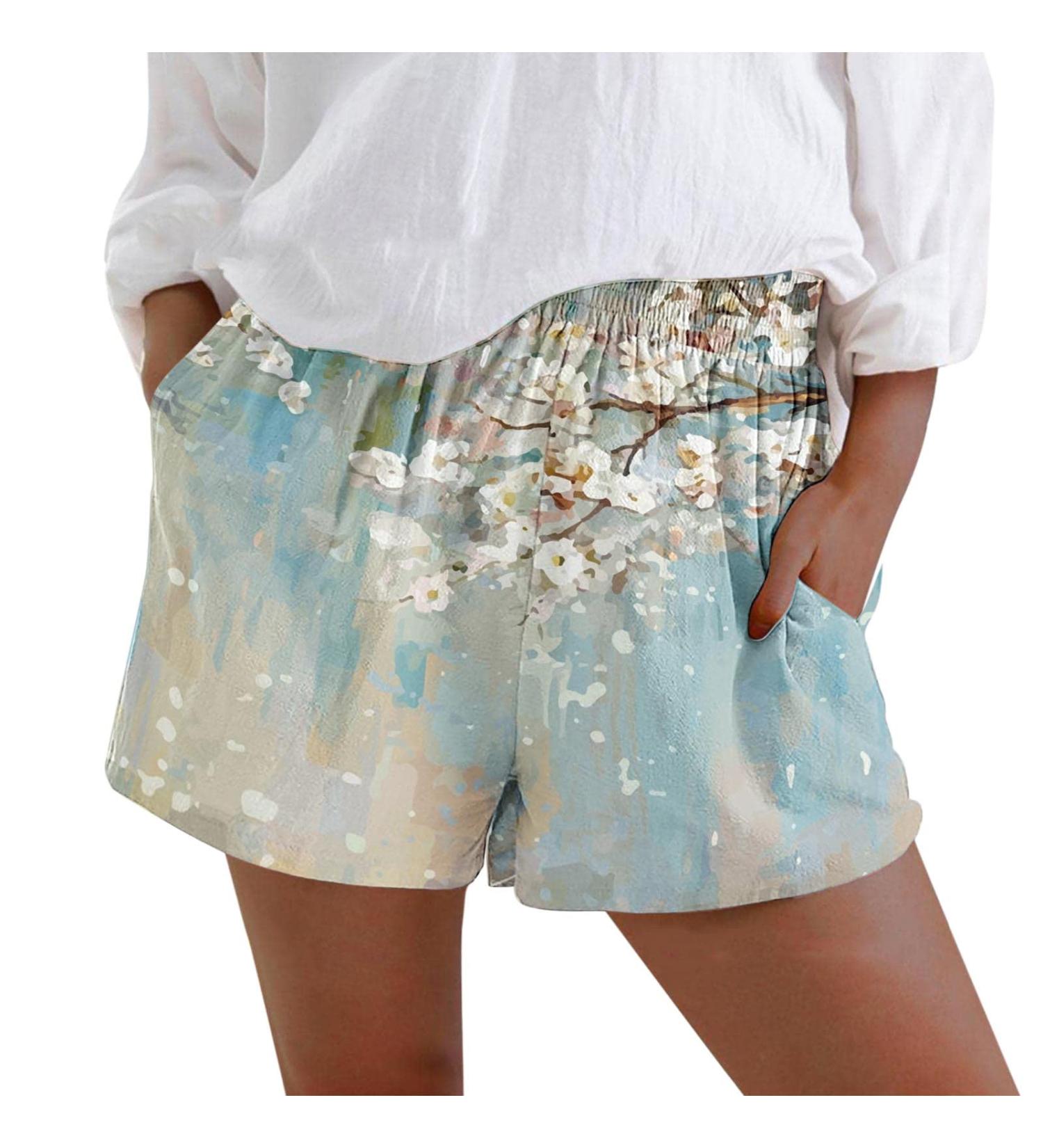 Gufesf Women's Summer Shorts | Lightweight Linen Elastic High Waist Casual Shorts | Pockets | Sky Blue - XX-Large - Buy Online on GoSupps.com