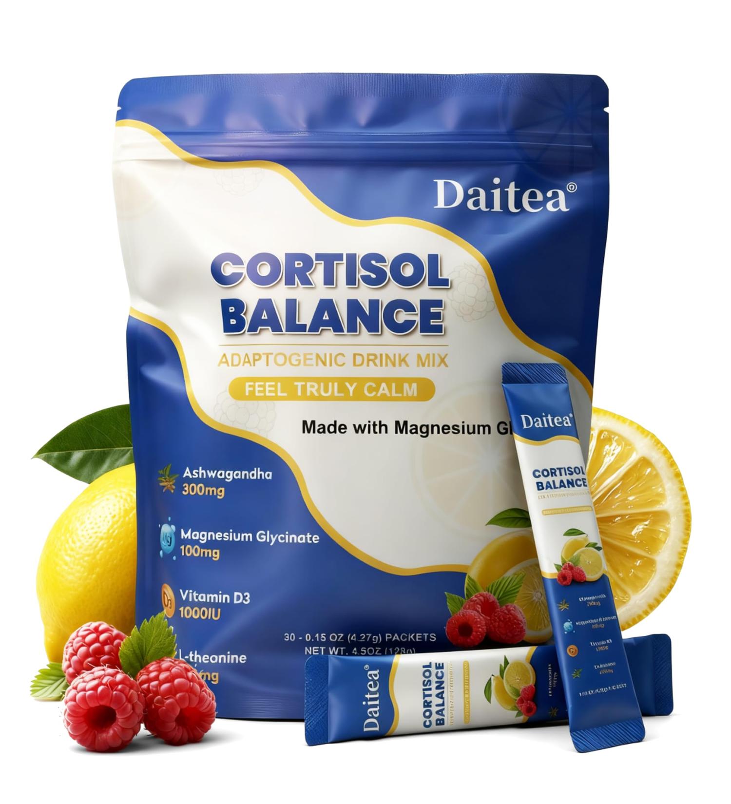 Cortisol Calm Drink Mix with Magnesium Glycinate Powder L-Theanine Vitamins and Ashwagandha for Relaxation & Focus | Adaptogen Drink & Cortisol Support | 30 Packets (Raspberry & Lemon Flavor) Raspberry Lemon - Buy Online on GoSupps.com