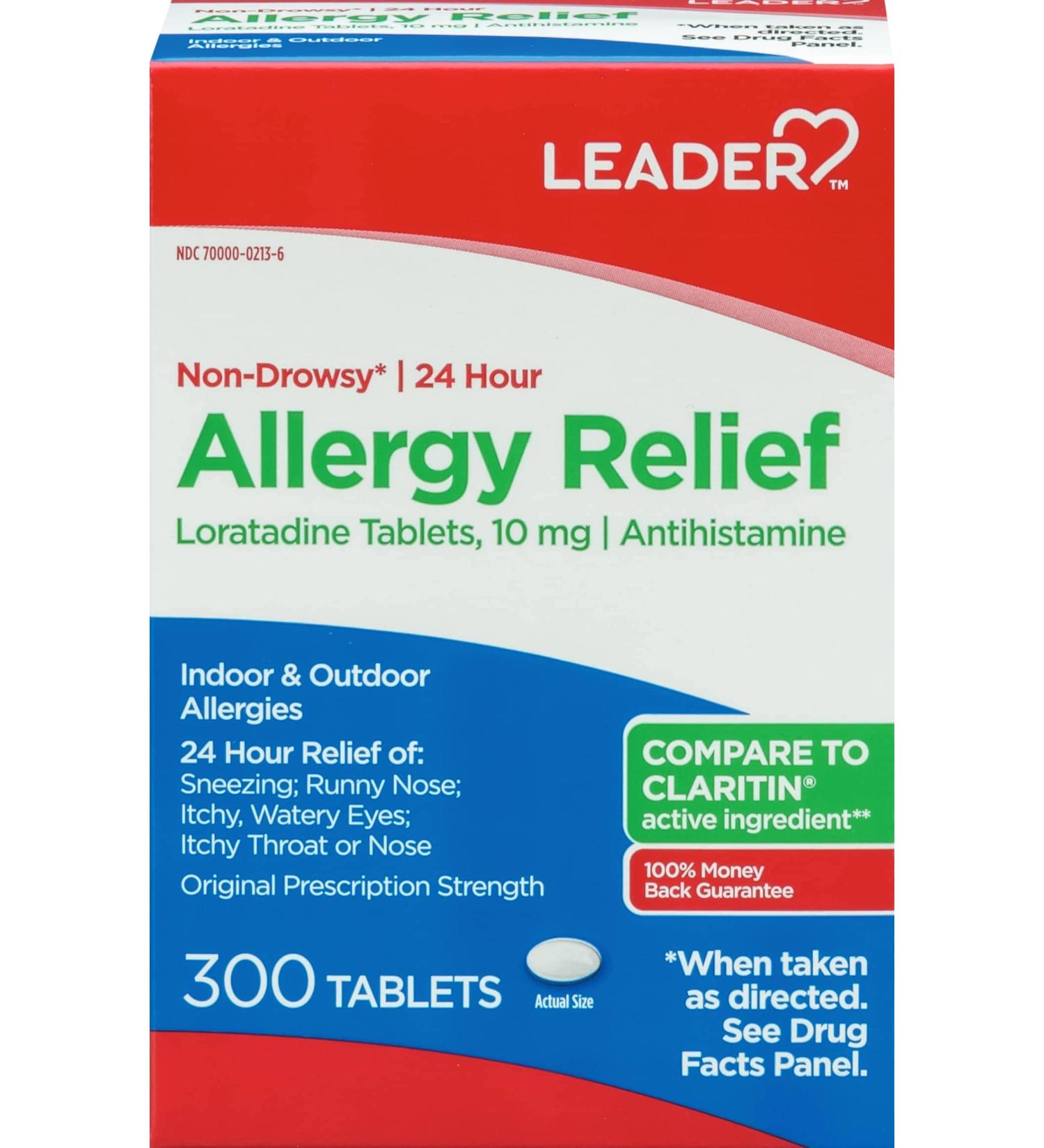 Leader 24 Hour Allergy Relief Non-Drowsy Loratadine 10mg Antihistamine Original Prescription Strength Sinus Relief Indoor and Outdoor Counteract Allergy 300 Tablets 300 Claritin - Buy Online on GoSupps.com