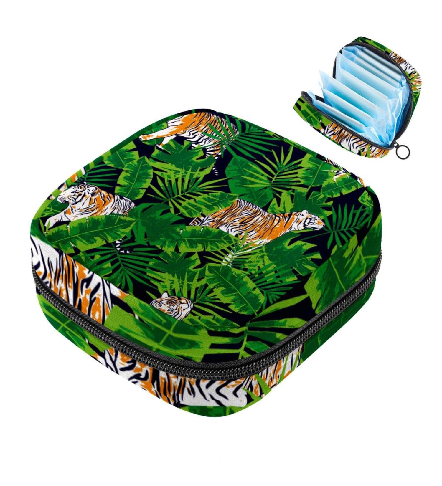 Storage Bags for Women's Bandages | Jungle Motif - Parrots Tigers & Tropical Leaves | Large Menstrual Cup Pocket with Zipper - Ideal for Tampons & Insoles - Buy Online on GoSupps.com