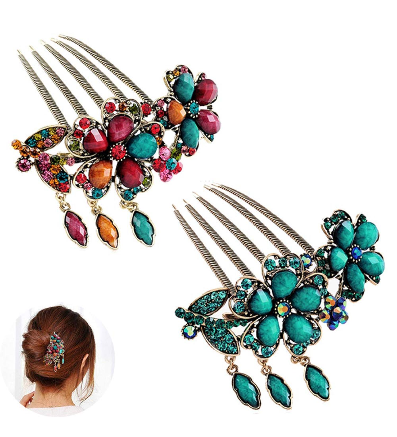 2Pcs Women Rhinestone Flower Hair Comb Clips for Wedding Prom - Blue + Colorful - Buy Online on GoSupps.com