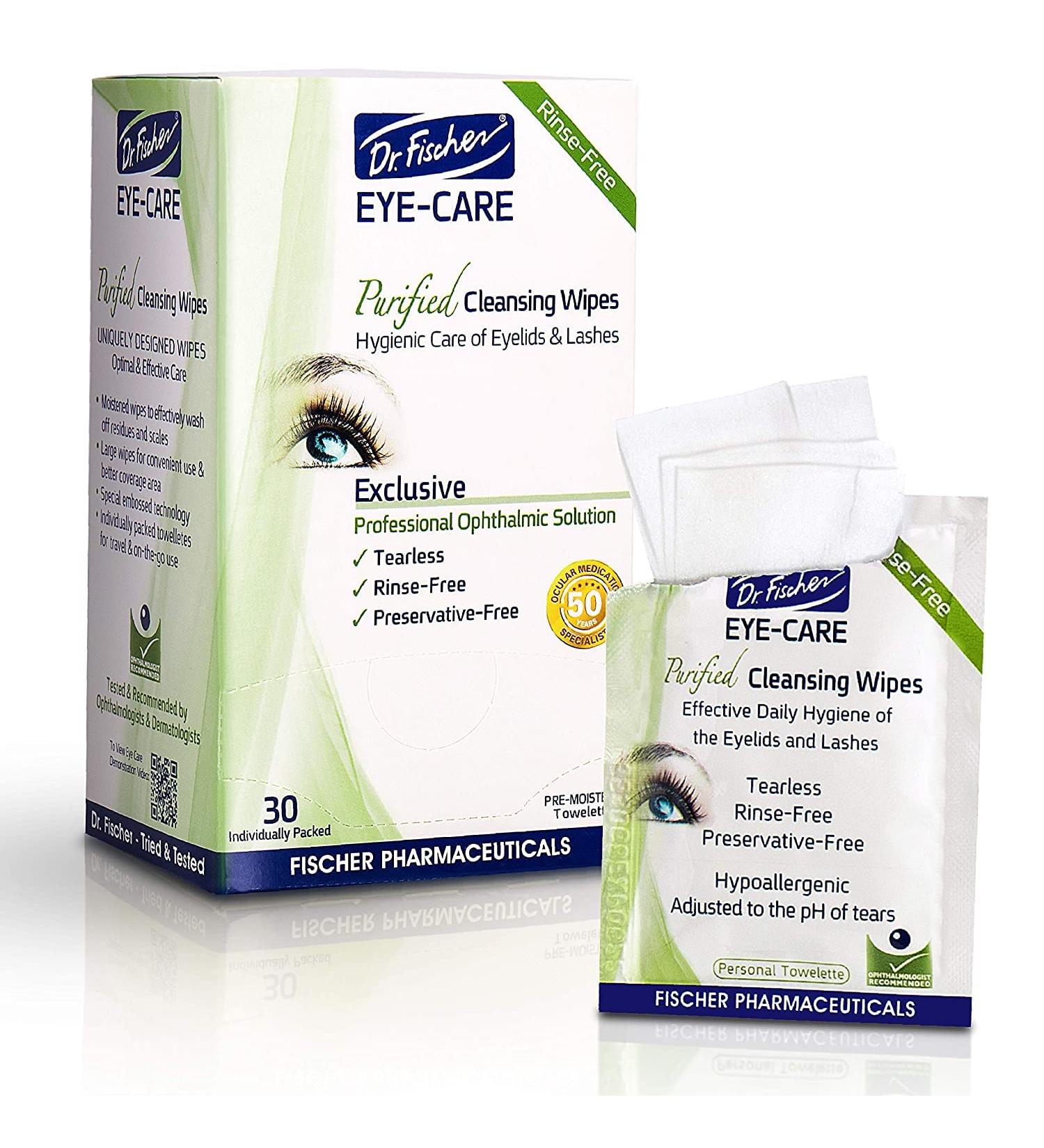 Dr. Fischer Premium Hypoallergenic Eyelid Wipes - 30 Pre-Moistened Cleansing Wipes for Gentle Makeup Removal - Buy Online on GoSupps.com