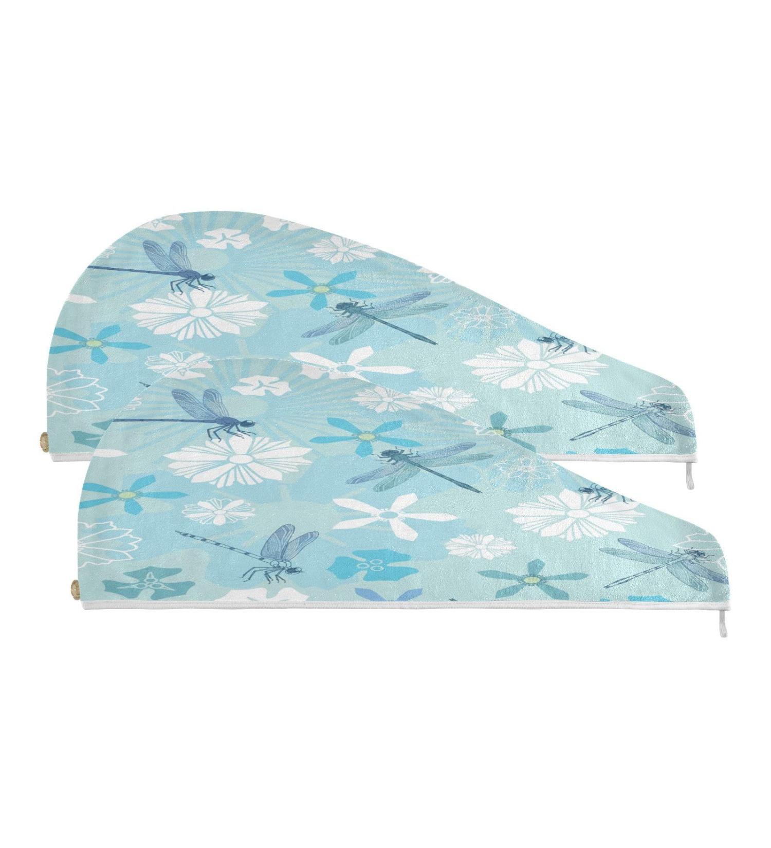 Dragonfly Pattern Dry Hair Cap & Quick Drying Towel Set | Super Absorbent & Comfortable | 2 Piece with Button Headband - Buy Online on GoSupps.com