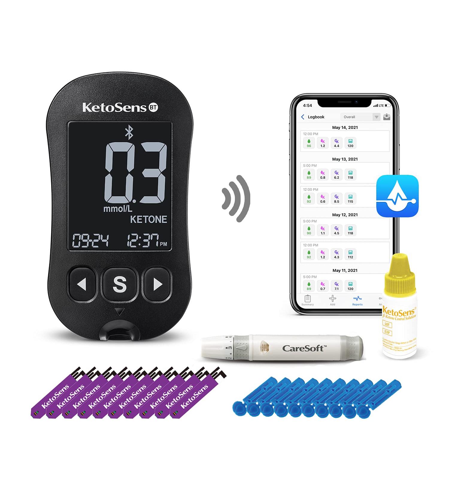 KetoSens Blood Ketone Monitoring Starter Kit with Bluetooth | Ideal for Keto Diet | Includes Meter, 10 Test Strips, Control Solution, Lancing Device, Lancets & Travel Case - Buy Online on GoSupps.com