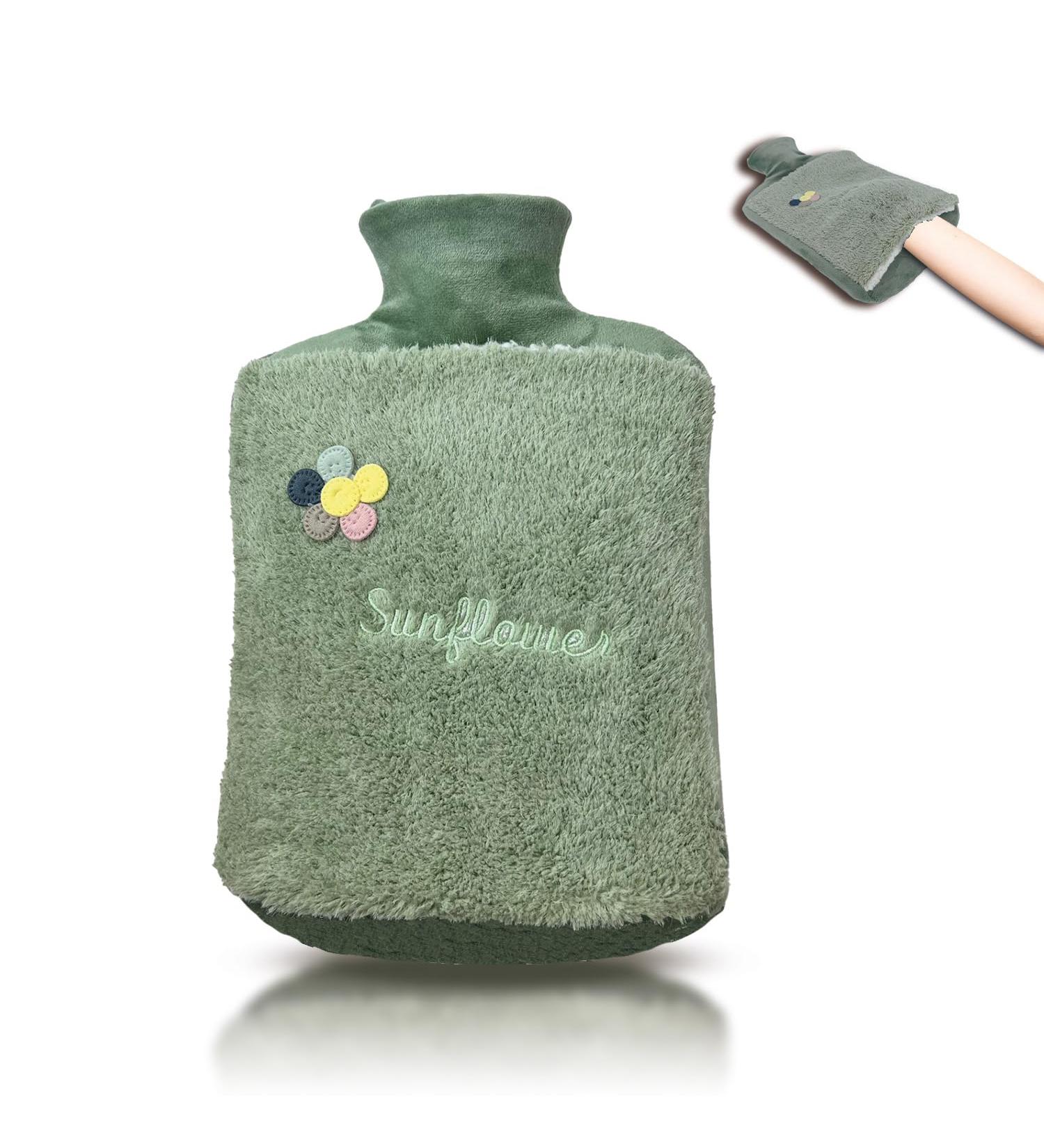 Heat Bottle 2.0L with Soft Fur Cover | Leak-Proof Bed Bottle for Pain Relief | Cuddly Kangaroo Pocket Design in Sunflower Mint Green - Buy Online on GoSupps.com