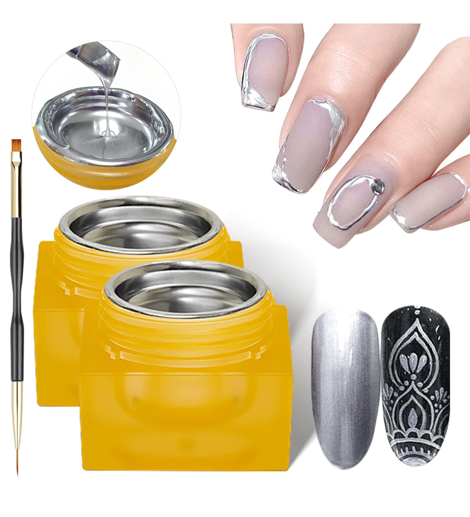 U-Shinein 2x8ml Metallic Silver Painted Gel Nail Polish Kit | 3D Metal Painting Gel for Mirror Finish | DIY Nail Art Manicure Set with Nail Brush - Color 06 - Buy Online on GoSupps.com
