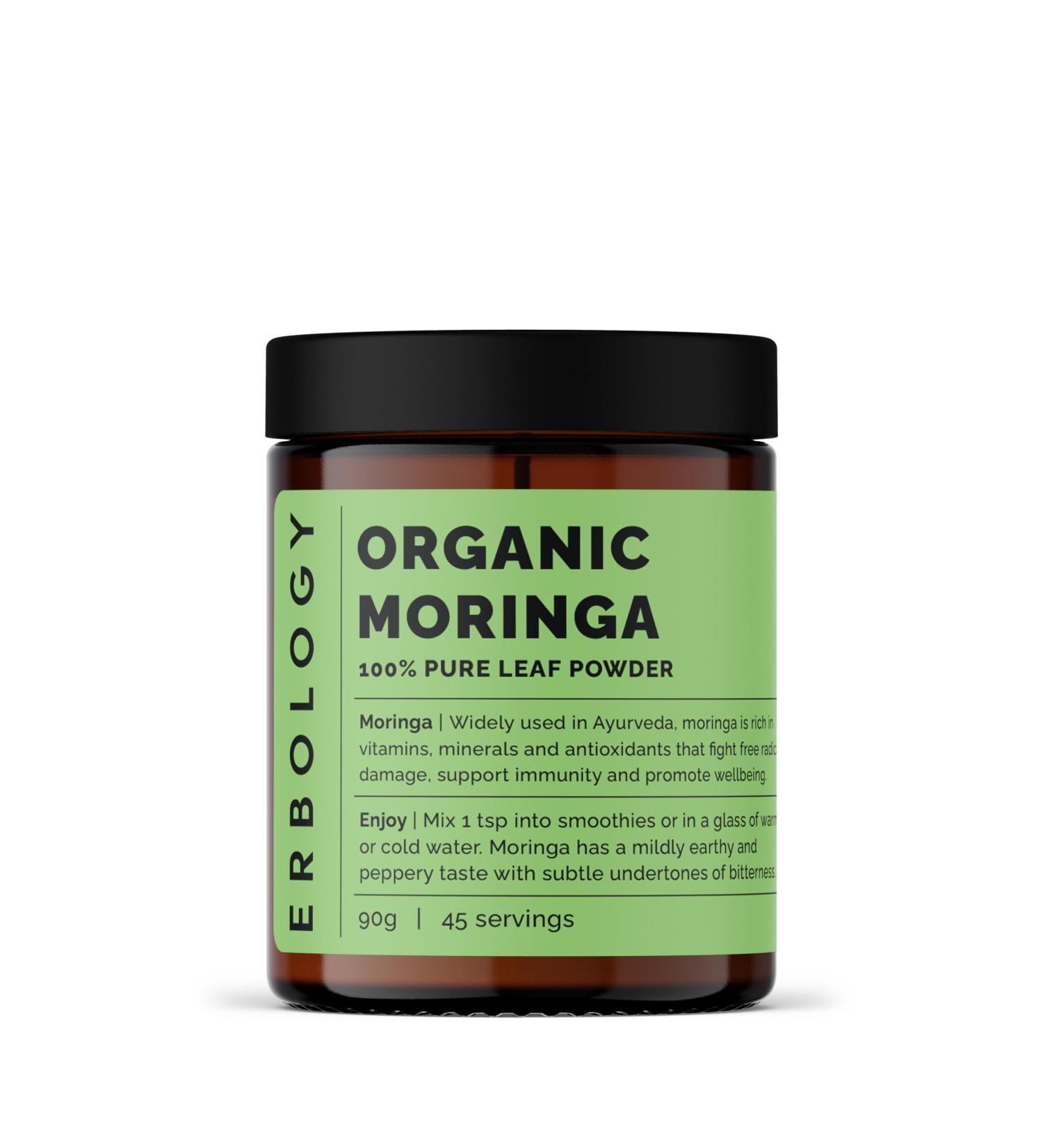 Erbology Organic Moringa Leaf Powder 90g - 45 Servings - Body Cleansing - Immunity Support - Rich in Calcium and Iron - Sustainably Sourced Straight from Farm in India - Small Batch - Vegan - GMO-Free - Buy Online on GoSupps.com