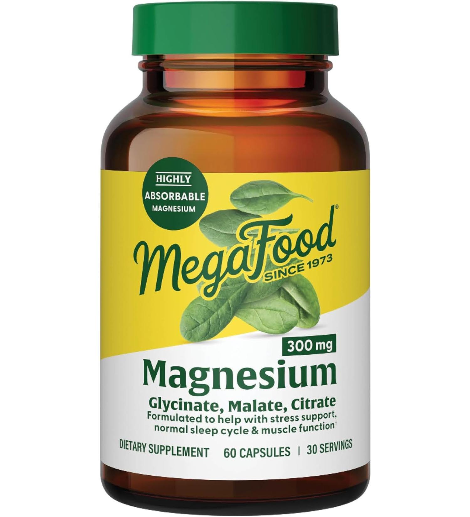 MegaFood Magnesium 300 Capsules - Vegetarian Blend for Heart, Nerve Health & Relaxation - Highly Absorbable Citrate, Malate, Glycinate - Gentle & Effective - 60 ct - Buy Online on GoSupps.com