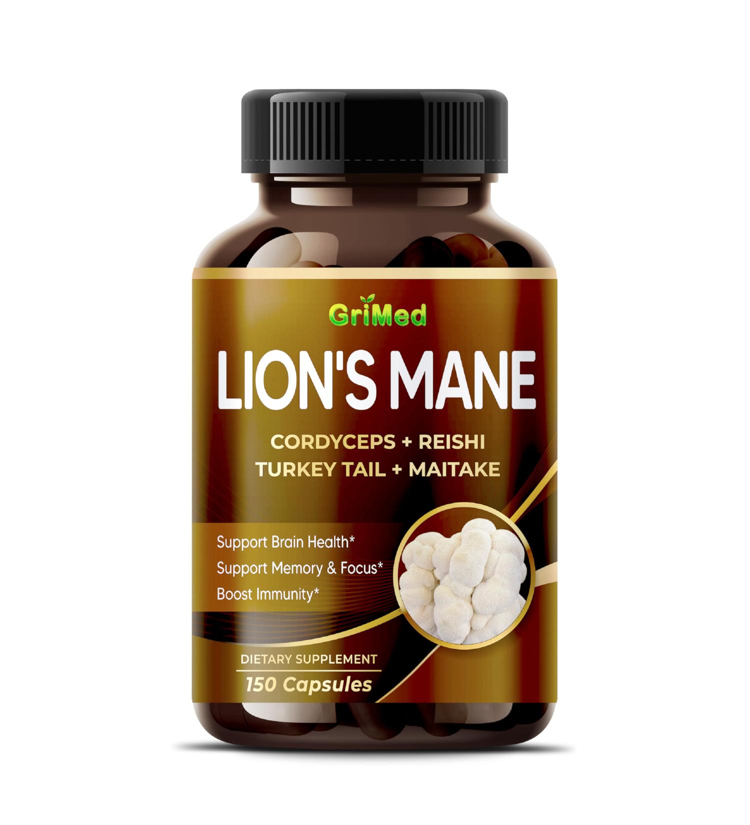 GriMed Lion's Mane Mushroom 13 600mg with Beta-(1 3)(1 6)-glucans Cordyceps Reishi Mushroom- Organic Brain Boosting Supplement for Clarity Focus & Energy (150 Count (Pack of 1)) - Buy Online on GoSupps.com