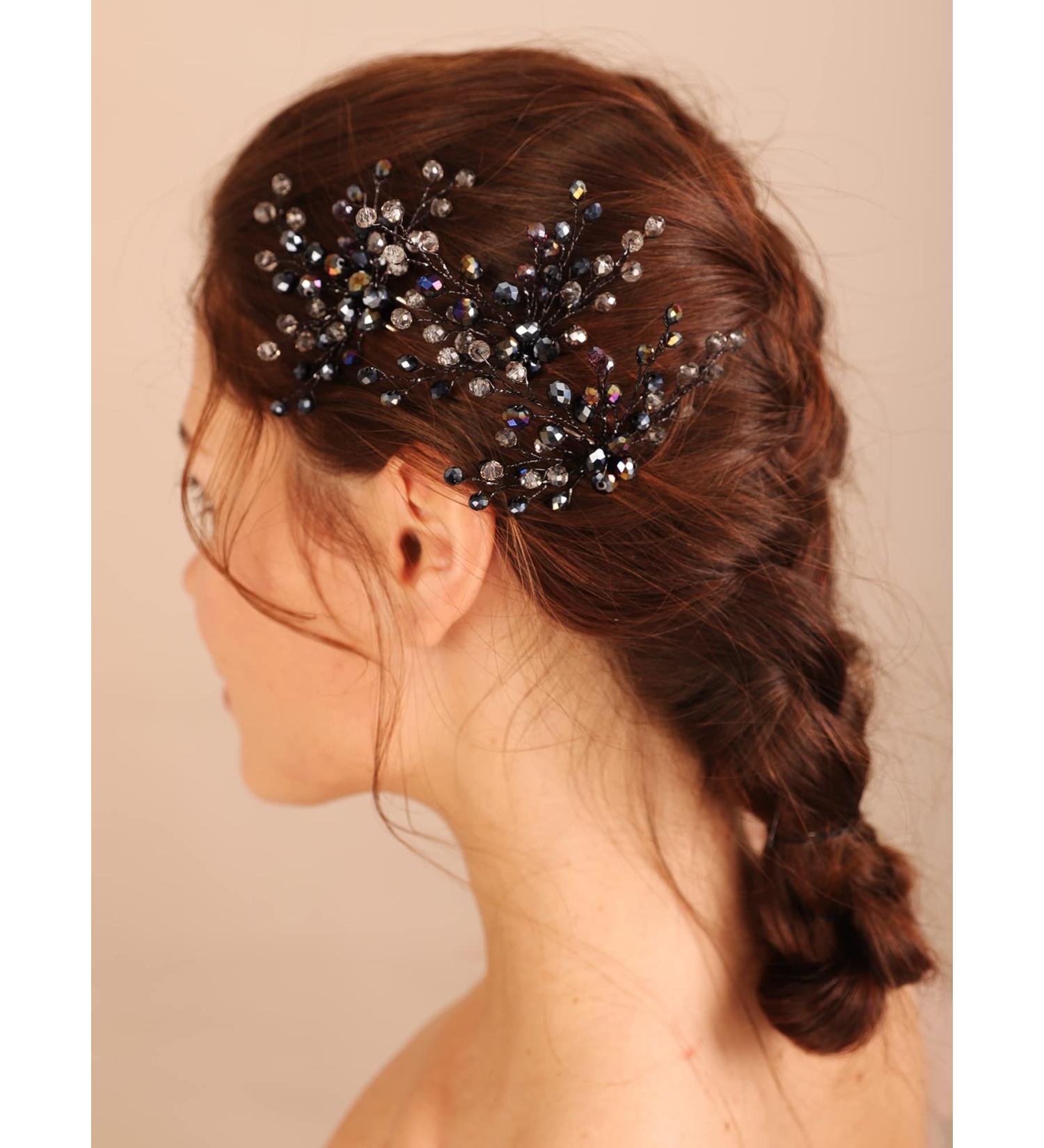 Deniferymakeup Wedding Bridal Black Crystal Hair Pins Theme Party Hair Piece Set Handmade Dark Purple Hair Jewelry for Women and Girls - Buy Online on GoSupps.com
