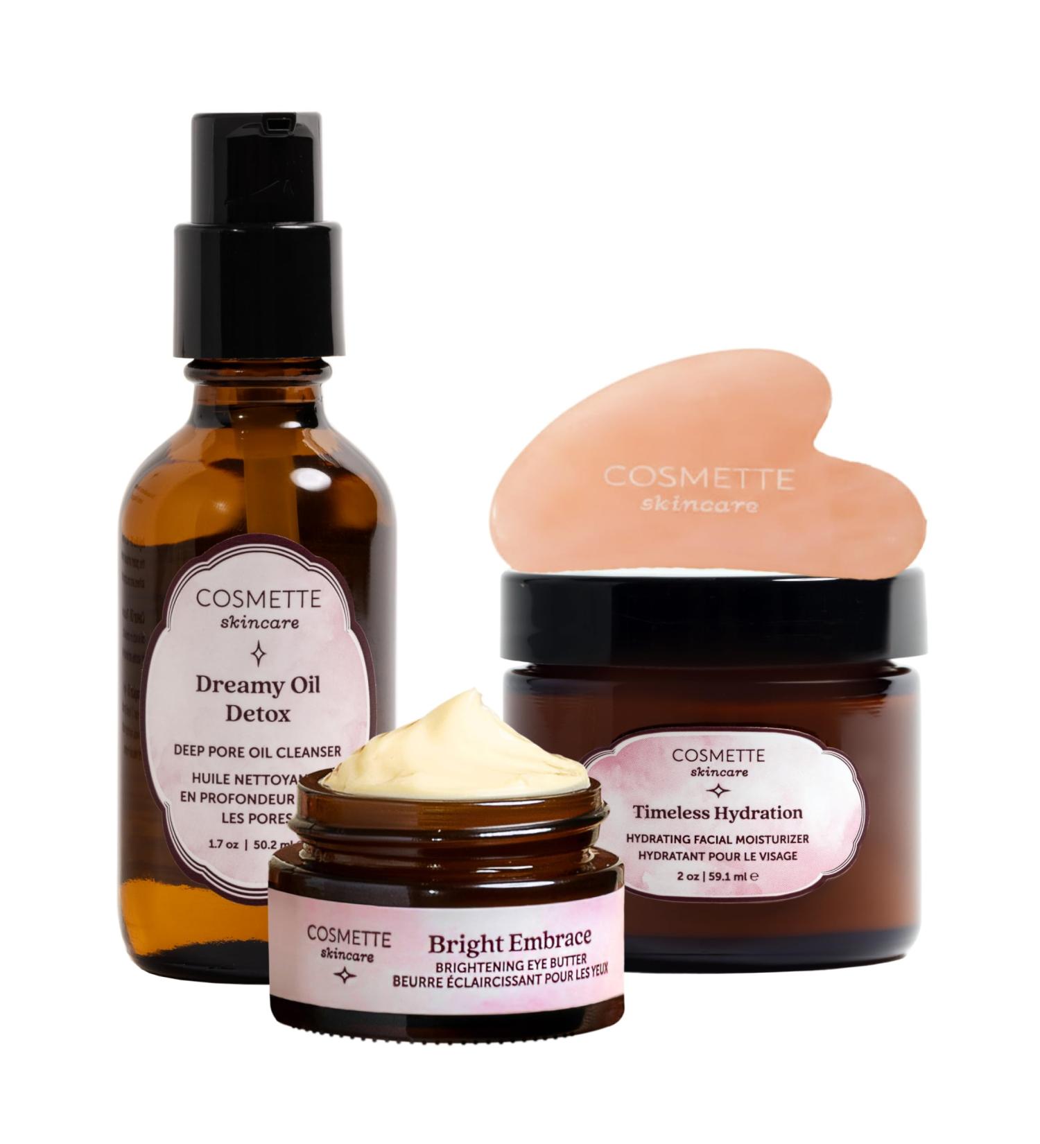 Cosmette Skincare Daily Dry Skin Solution Bundle for Crepey Dry Skin | Includes Sweet Plum Oil Bright Embrace Eye Butter Timeless Hydration Moisturizer Gua Sha Tool - Buy Online on GoSupps.com
