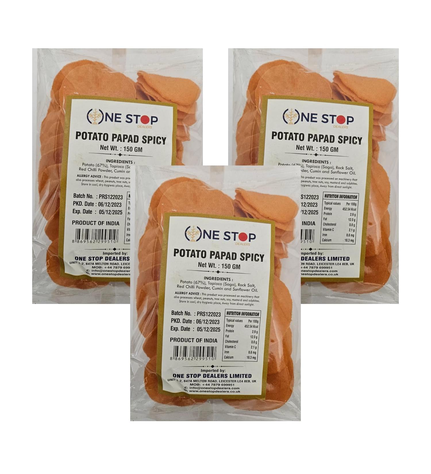 One Stop Dealer Potato Papad for Frying (150 Gram) - Upvas Special Aloo Papad - Ready to Fry Potato Papad for Snacks Tea Time Papad and farahal/Upwas Papad (Pack of 3 Potato Papad Spicy)