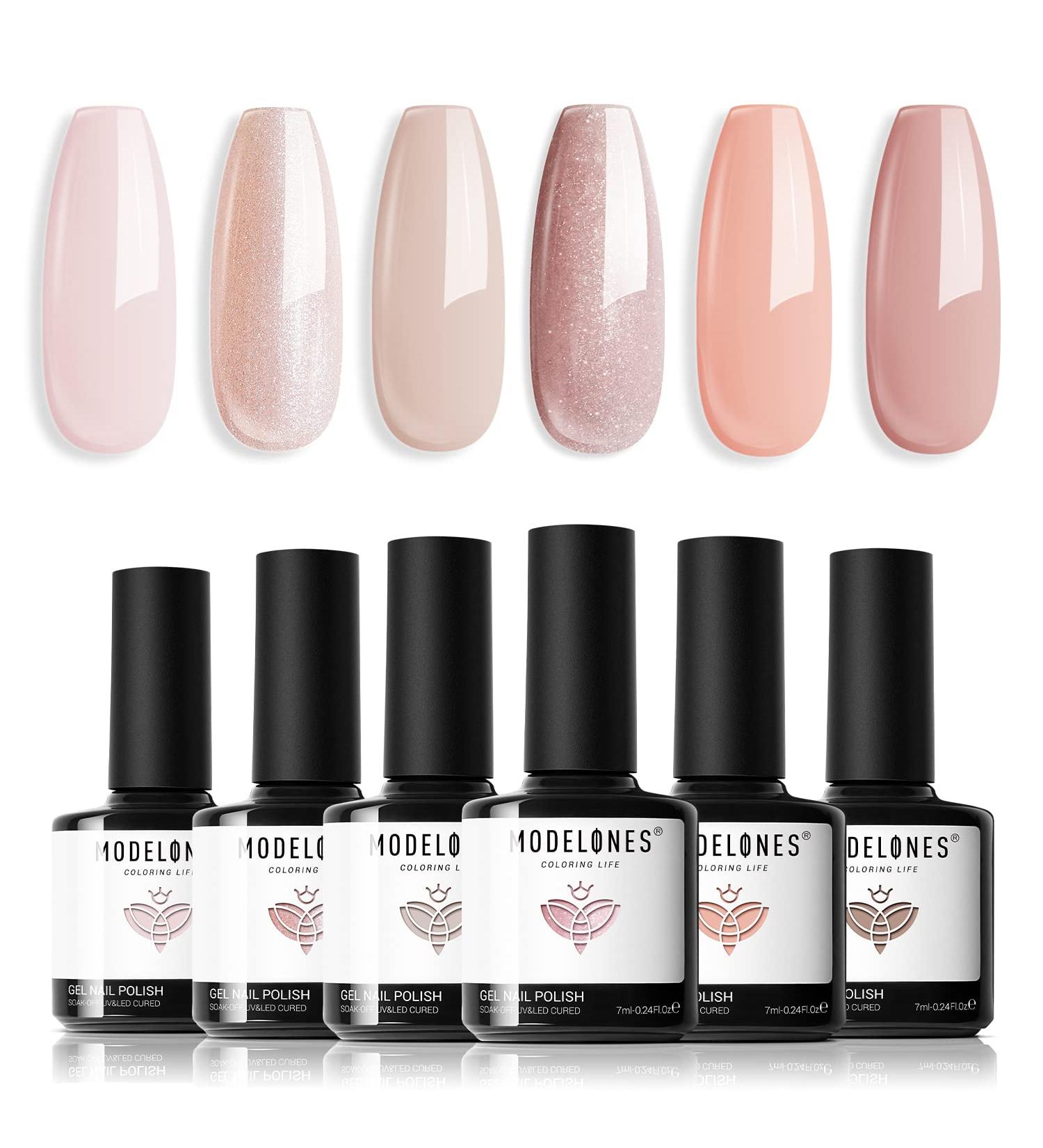 Modelones Nude Glitter Gel Nail Polish Set - 6 Colors | Soak Off Neutral Pink Skin Tone | LED Manicure Starter Kit for Women - Hazed Haven - Buy Online on GoSupps.com
