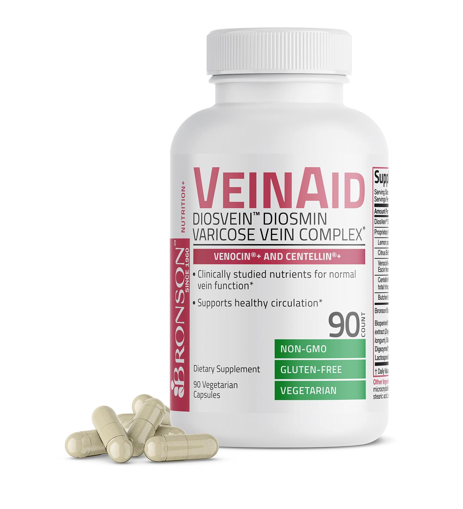 Bronson VeinAid Diosmin 1000mg - Varicose Vein Complex with Venocin & Centellin 90 Vegetarian Capsules - Supports Healthy Circulation - Buy Online on GoSupps.com