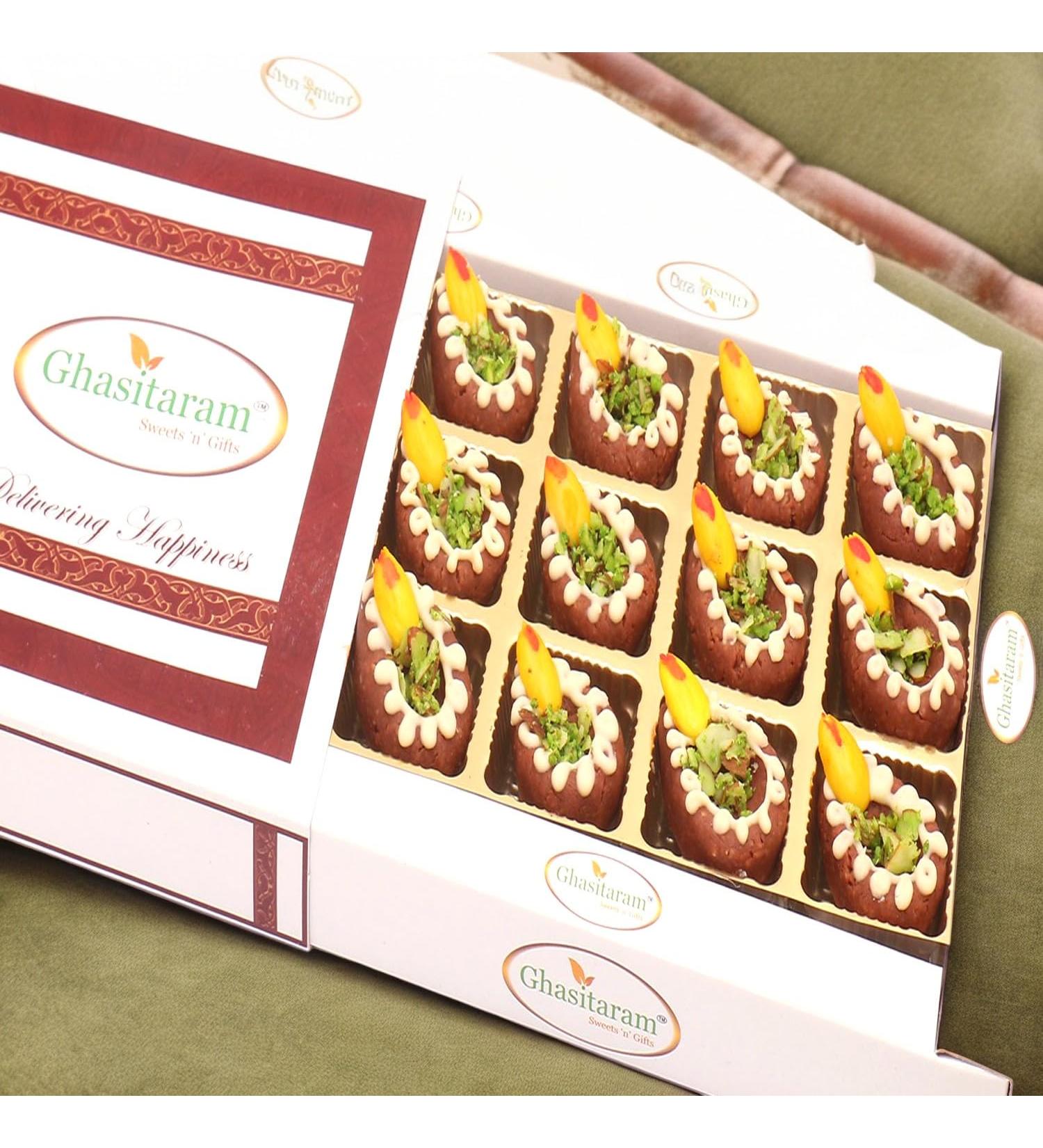Ghasitaram Gifts Diwali Gifts Sweets - Designer Mithai Diyas in White Box - Buy Online on GoSupps.com