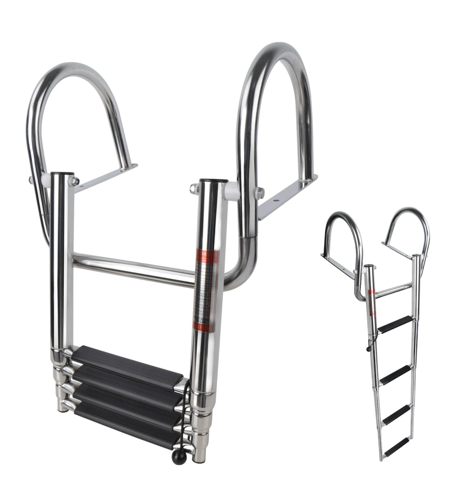 4 Step Heavy Duty Pontoon Boat Ladder | Folding Telescoping Rear Entry Inboard Ladder | Wide Steps Swim Deck with Pedals and Hand Railings - Buy Online on GoSupps.com