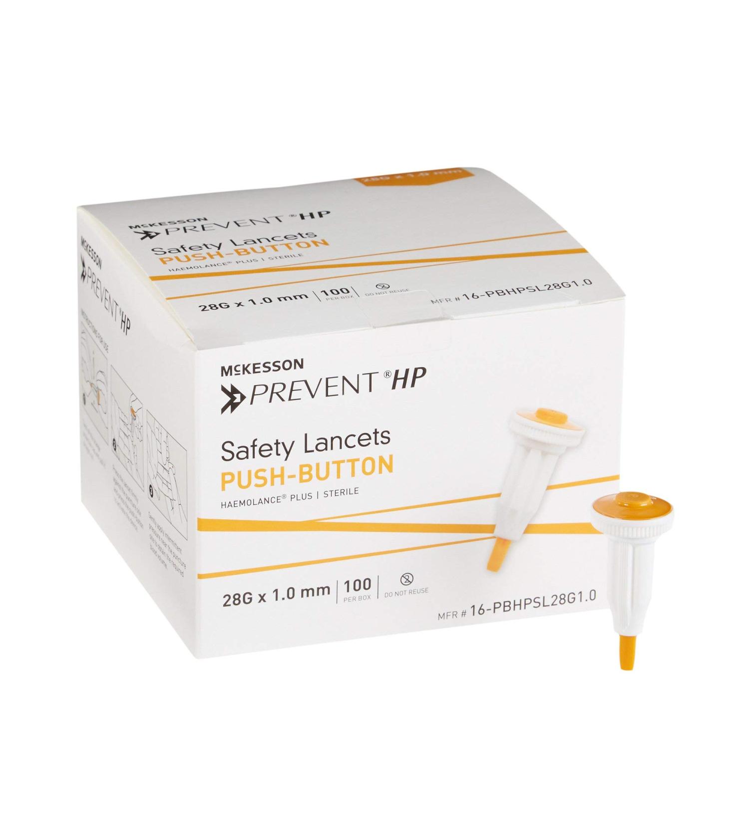 McKesson Prevent HP Safety Lancets - Sterile, Push-Button, 25 Gauge Needle, 1 mm - 100 Count (1 Pack) - Buy Online on GoSupps.com