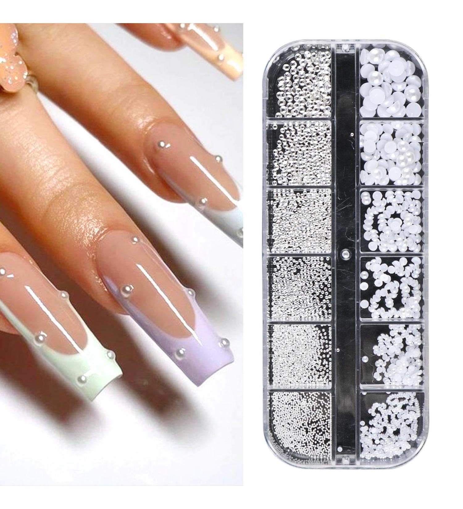 12 Grid Nail Art Rhinestones Rhinestones for Nails Semicircular Pearl Balls Nail Charms Small Stainless Steel Beads Caviar Beads White Flatback Beads for Women Acrylic Nail Decorations Design - Buy Online on GoSupps.com