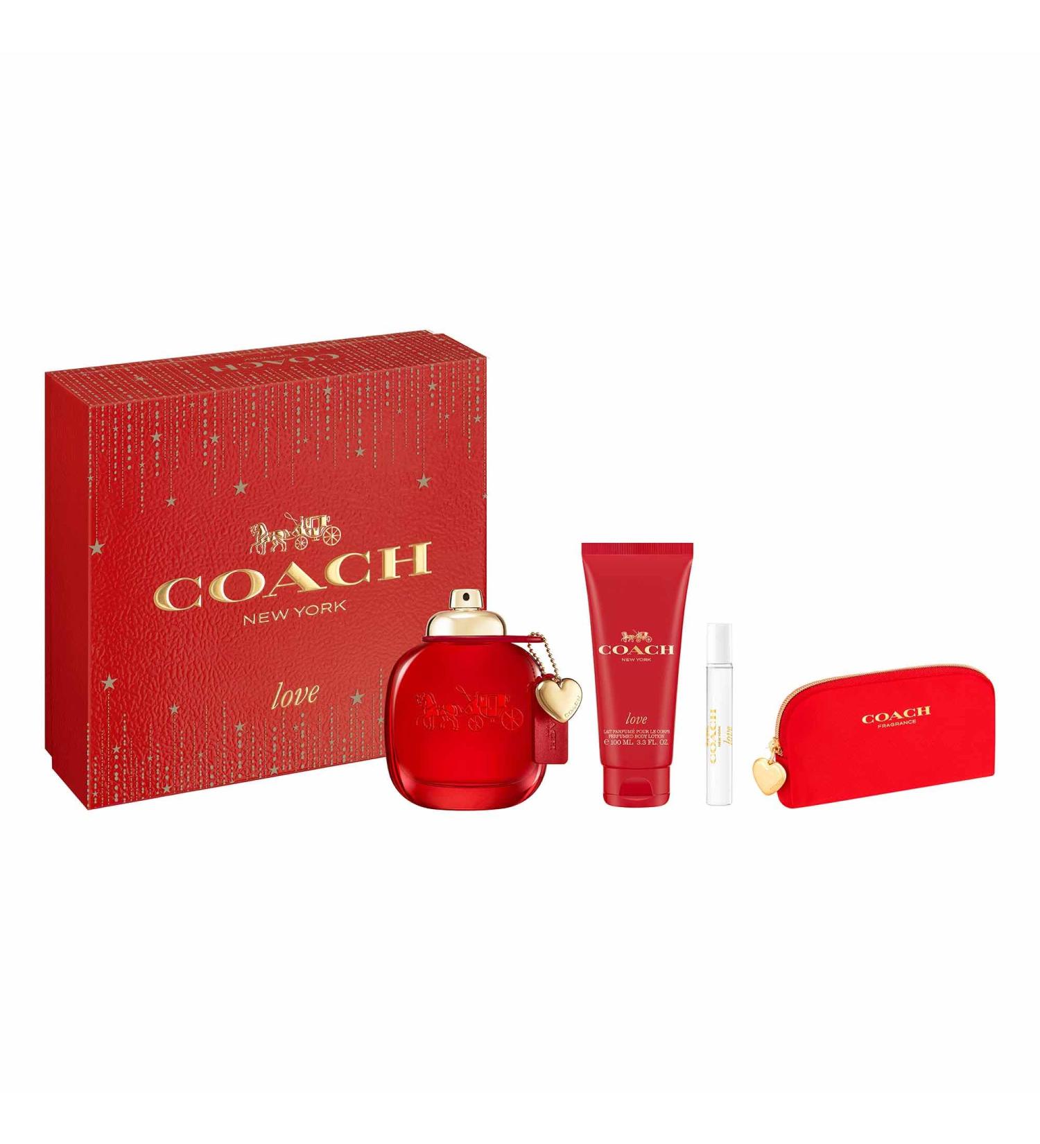Coach Love Eau de Parfum 4 Piece Set - 3.0 fl. oz. & 0.25 fl. oz. Spray 3.3 fl. oz. Body Lotion Pouch - Long Lasting Fragrance with notes of Strawberry Red Velvet Rose & Cedarwood - Floral & Fruity