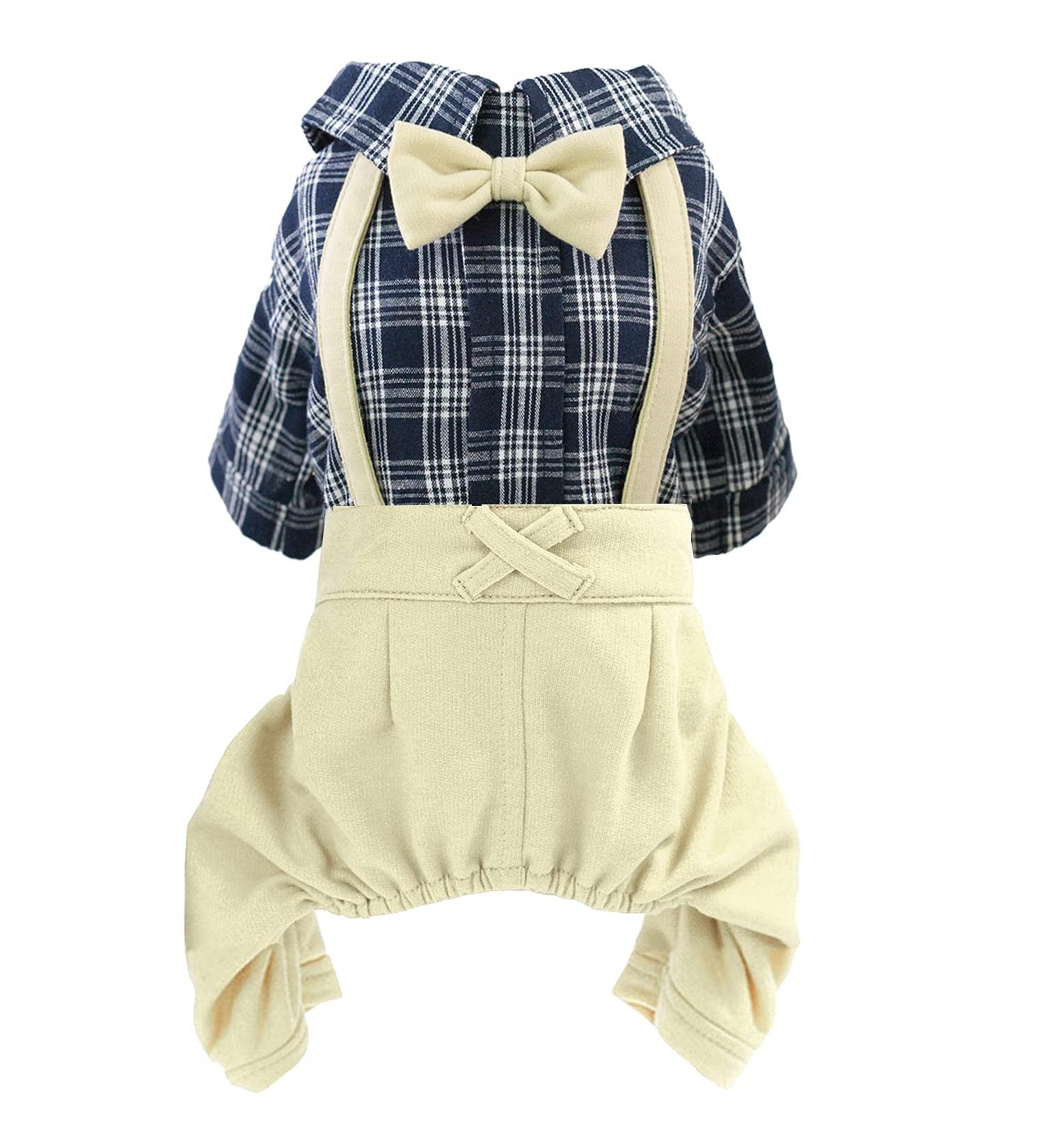 Hooddeal Stylish Pet Clothes: White Plaid Blue Striped Jumpsuit with Yellow Bowtie for Puppy Cat - L Khaki - Buy Online on GoSupps.com