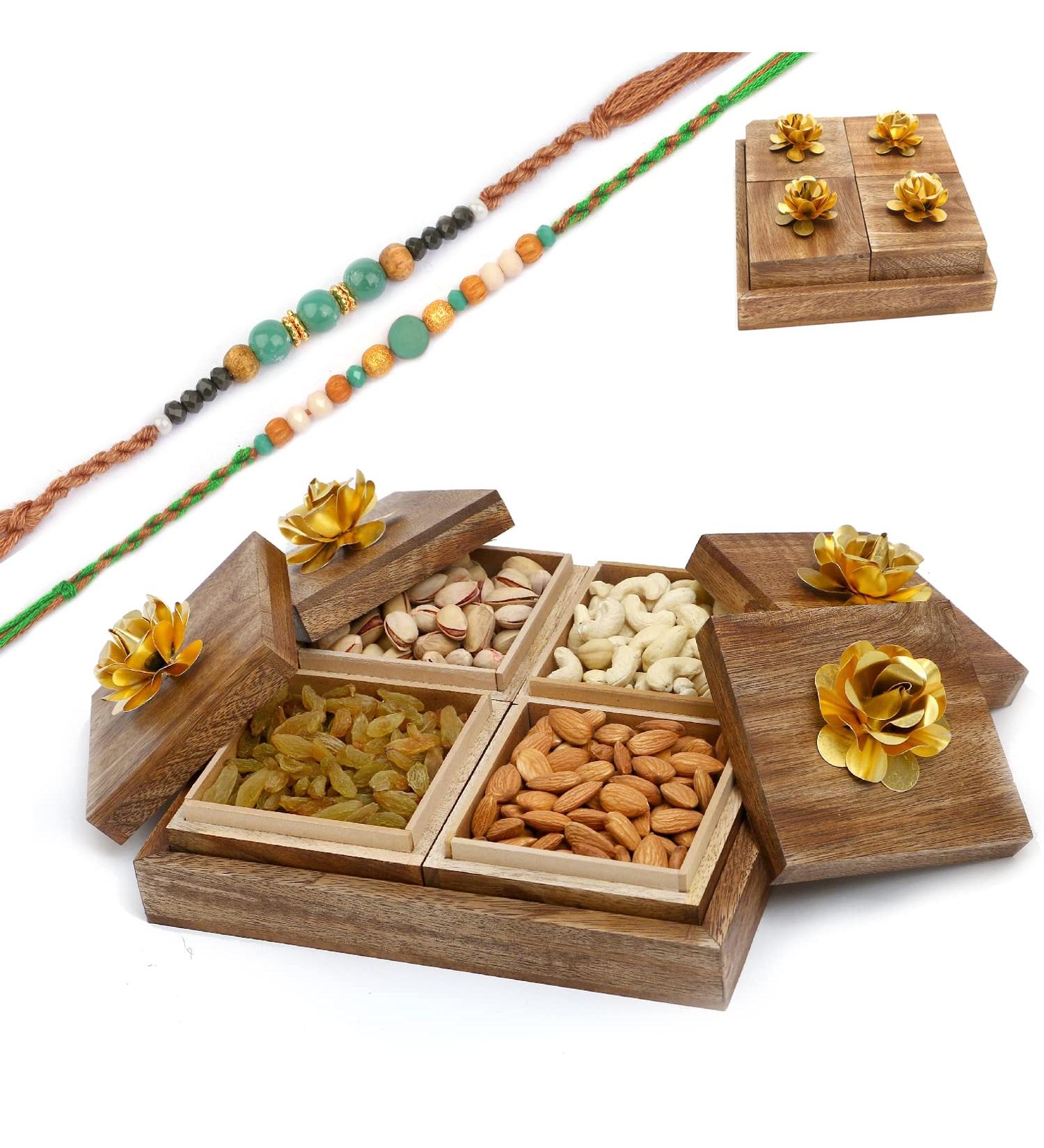 Ghasitaram Gifts Rakhi Gifts for Brothers Wooden 4 Dryfruits Box with 2 Green Beads Rakhis Wooden 4 Dryfruits Box with 2 Rakhis - Buy Online on GoSupps.com
