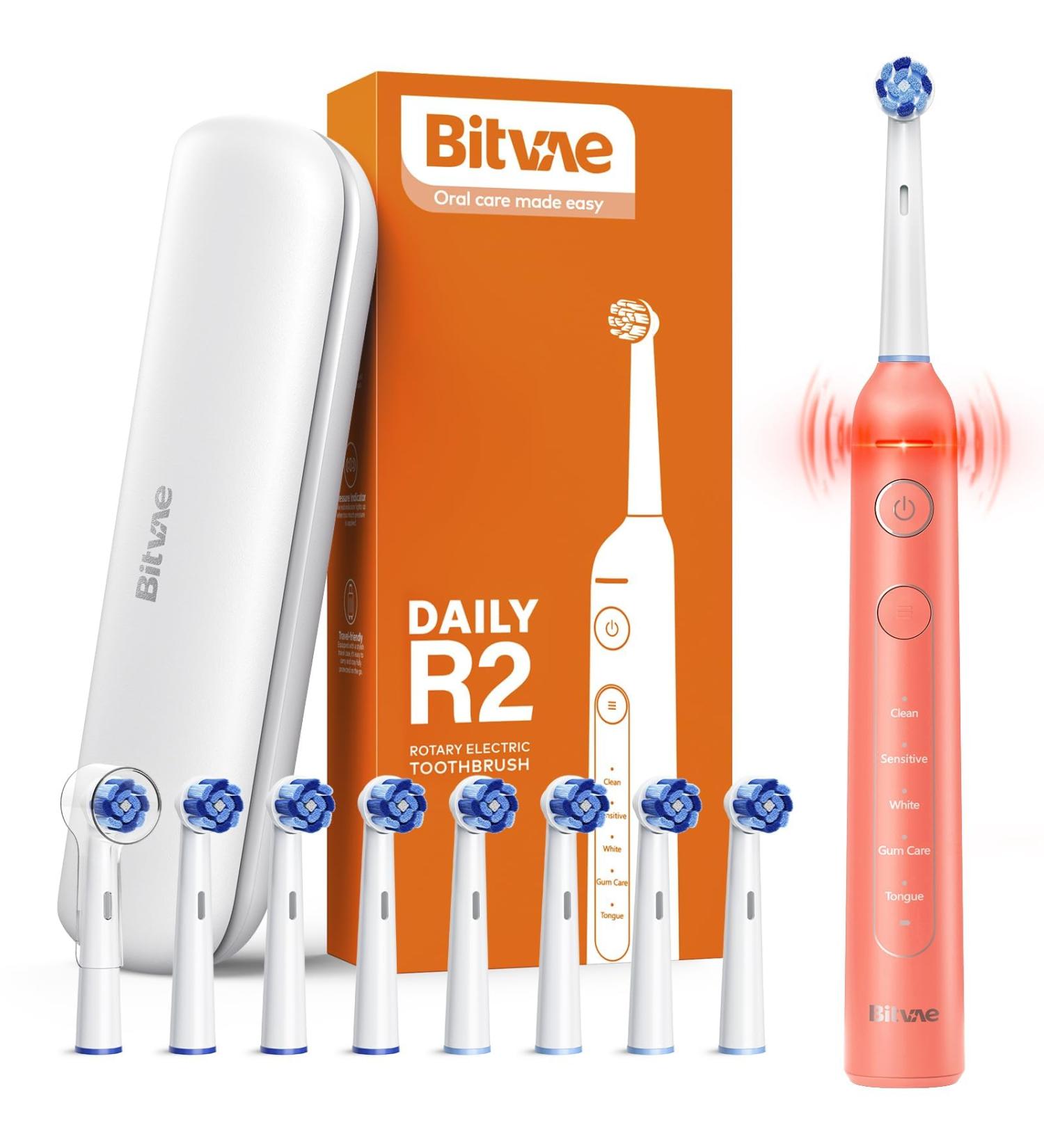 Bitvae R2 Rotating Electric Toothbrush for Adults with 8 Brush Heads 5 Modes Rechargeable Power Toothbrush with Pressure Sensor Coral Orange Coral Orange 1 Pack - Buy Online on GoSupps.com