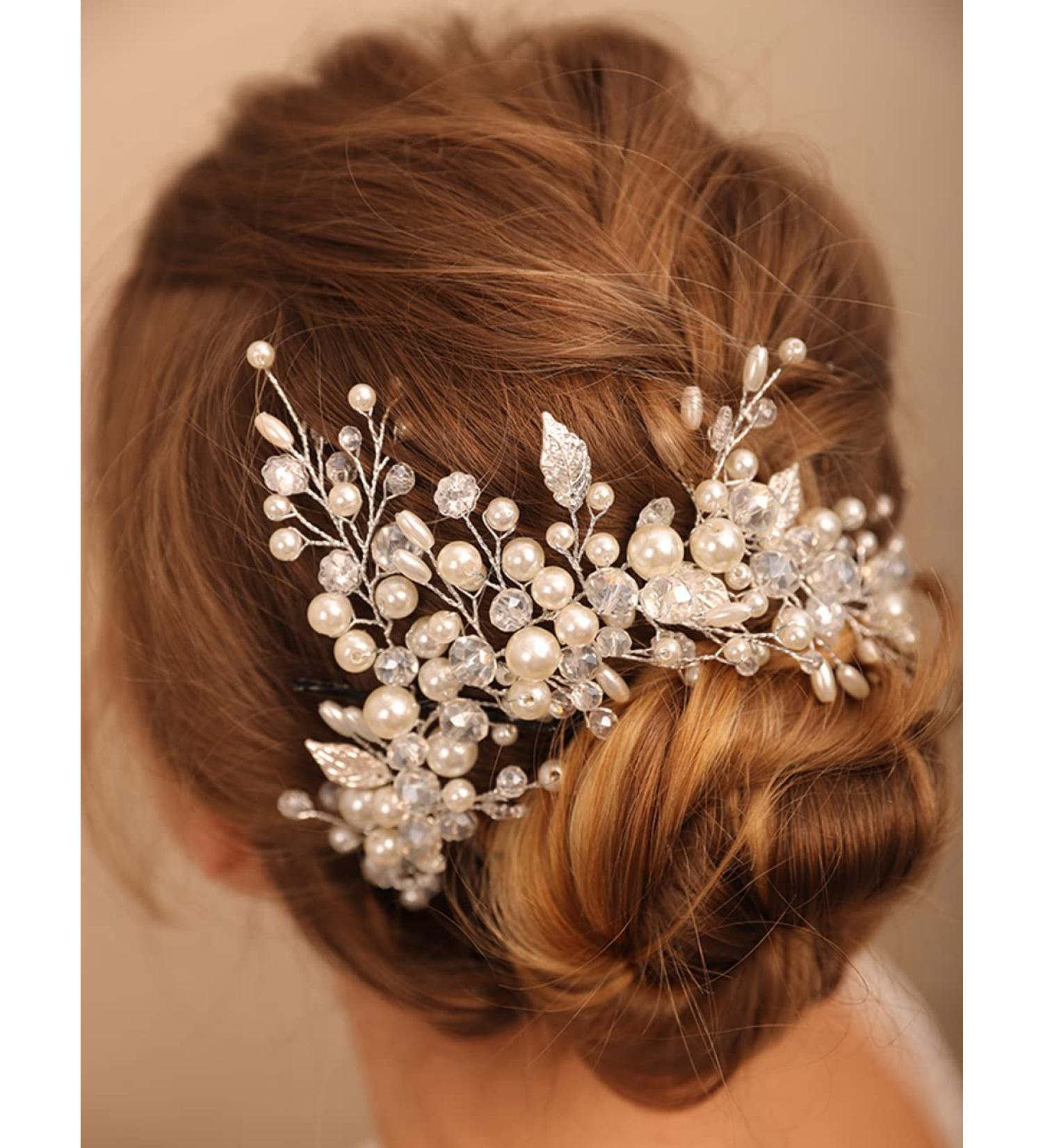 Deniferymakeup Bridal Pearl Headband Leaf Hair Piece Crystal Hair Vine Wedding Hair Accessory for Women and Girls (Silver) - Buy Online on GoSupps.com